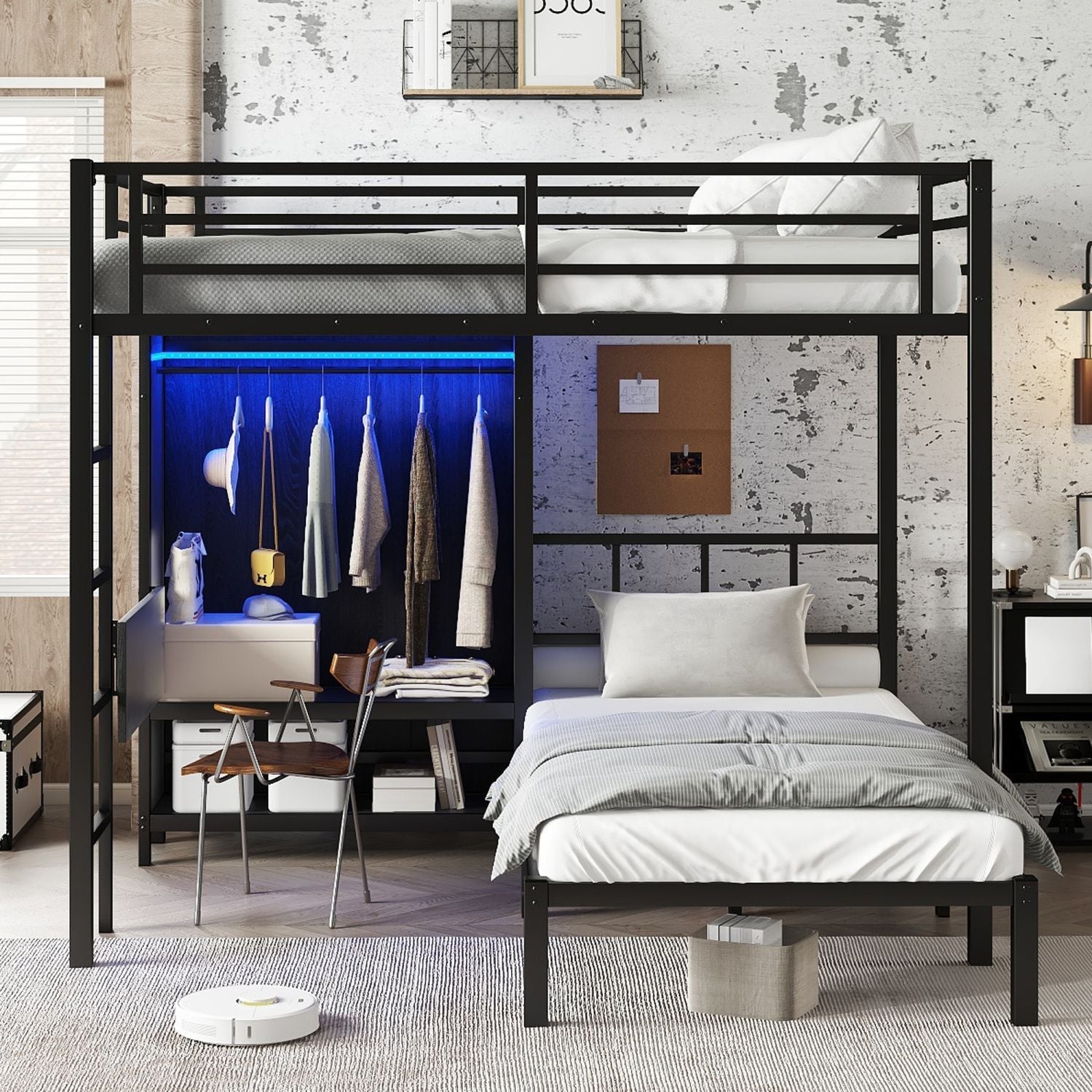 Space-Saving Full XL Over Twin Metal Bunk Bed with Folding Desk and LED Closet in Black | Just Better Bunk Beds