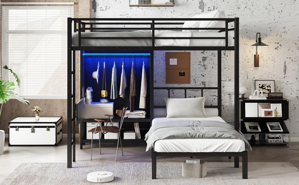 Space-Saving Full XL Over Twin Metal Bunk Bed with Folding Desk and LED Closet in Black | Just Better Bunk Beds