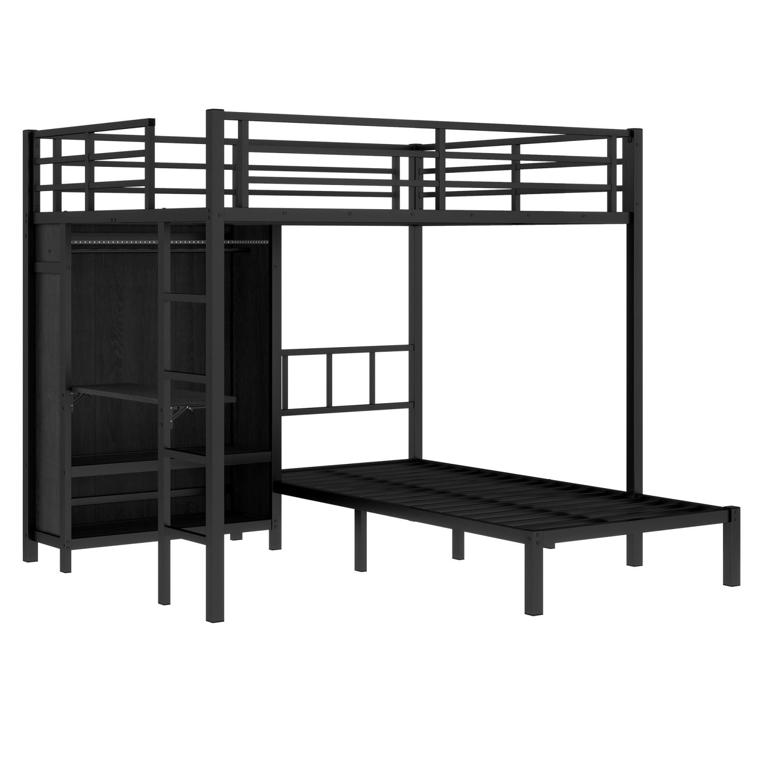 Space-Saving Full XL Over Twin Metal Bunk Bed with Folding Desk and LED Closet in Black | Just Better Bunk Beds