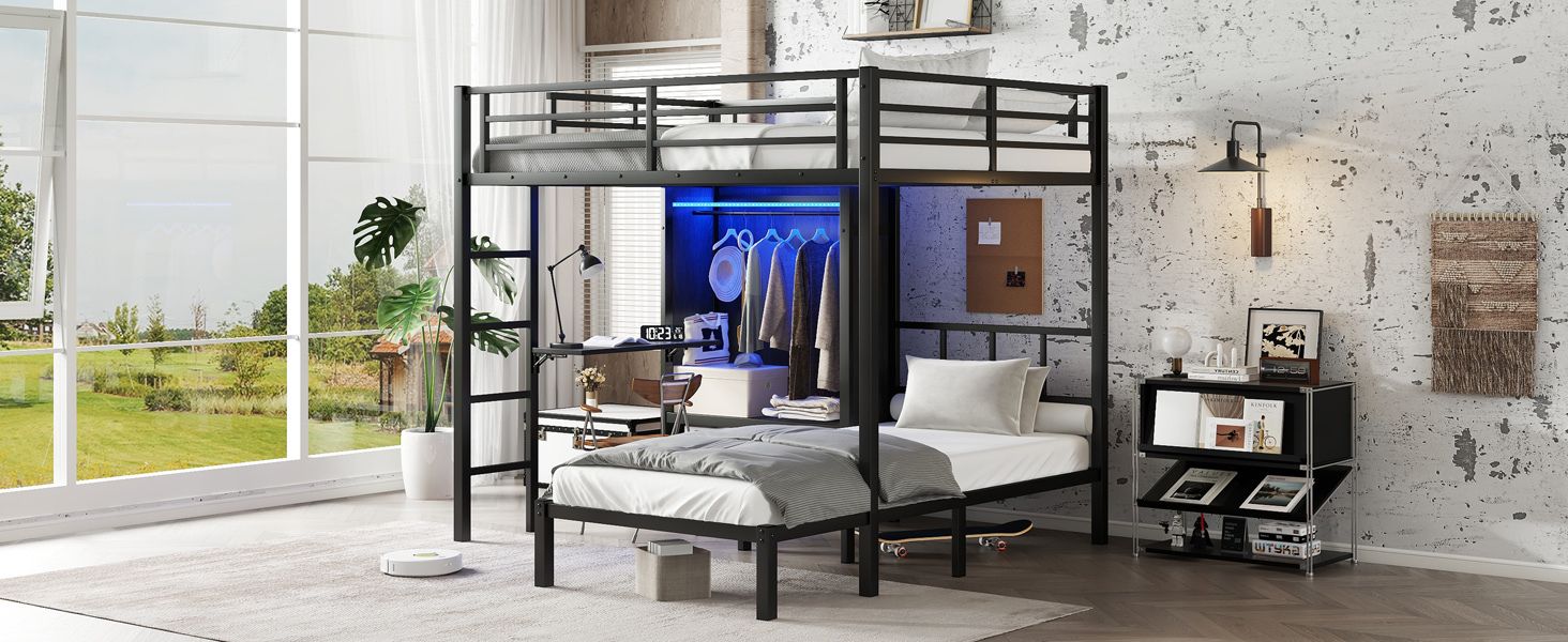 Space-Saving Full XL Over Twin Metal Bunk Bed with Folding Desk and LED Closet in Black | Just Better Bunk Beds
