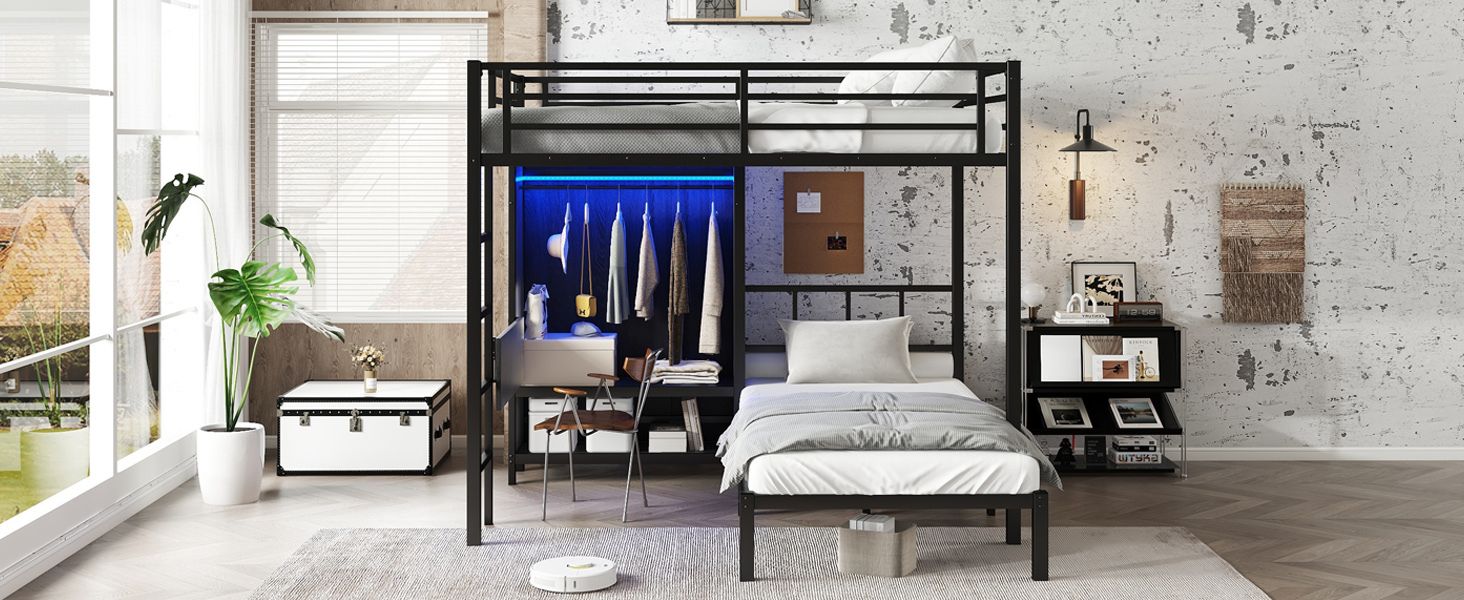 Space-Saving Full XL Over Twin Metal Bunk Bed with Folding Desk and LED Closet in Black | Just Better Bunk Beds