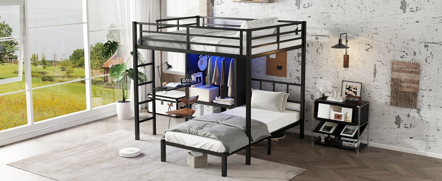 Space-Saving Full XL Over Twin Metal Bunk Bed with Folding Desk and LED Closet in Black | Just Better Bunk Beds
