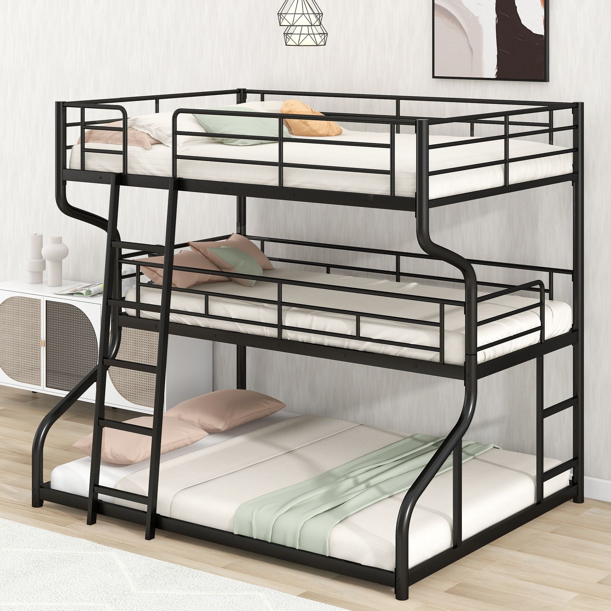 Space-Saving Full XL/Twin XL/Queen Metal Triple Bunk Bed with Dual Ladders, Black or White | Just Better Bunk Beds