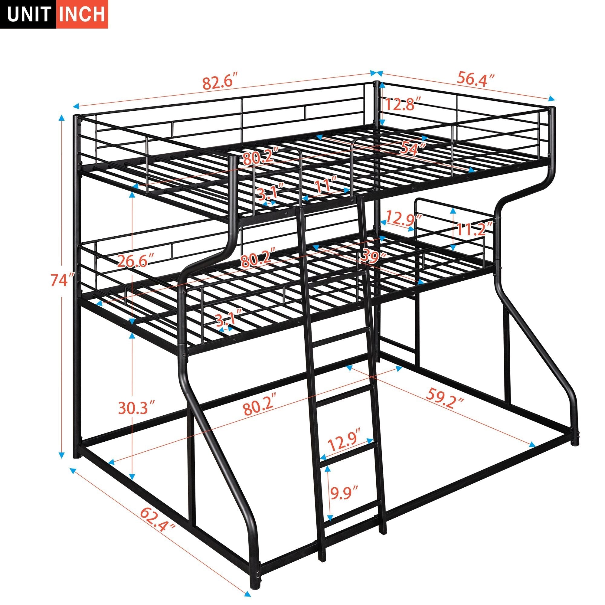 Space-Saving Full XL/Twin XL/Queen Metal Triple Bunk Bed with Dual Ladders, Black or White | Just Better Bunk Beds