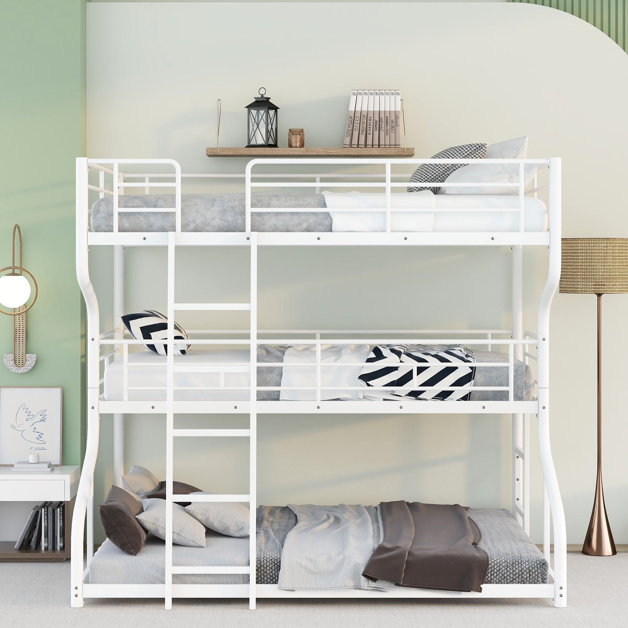 Space-Saving Full XL/Twin XL/Queen Metal Triple Bunk Bed with Dual Ladders, Black or White | Just Better Bunk Beds