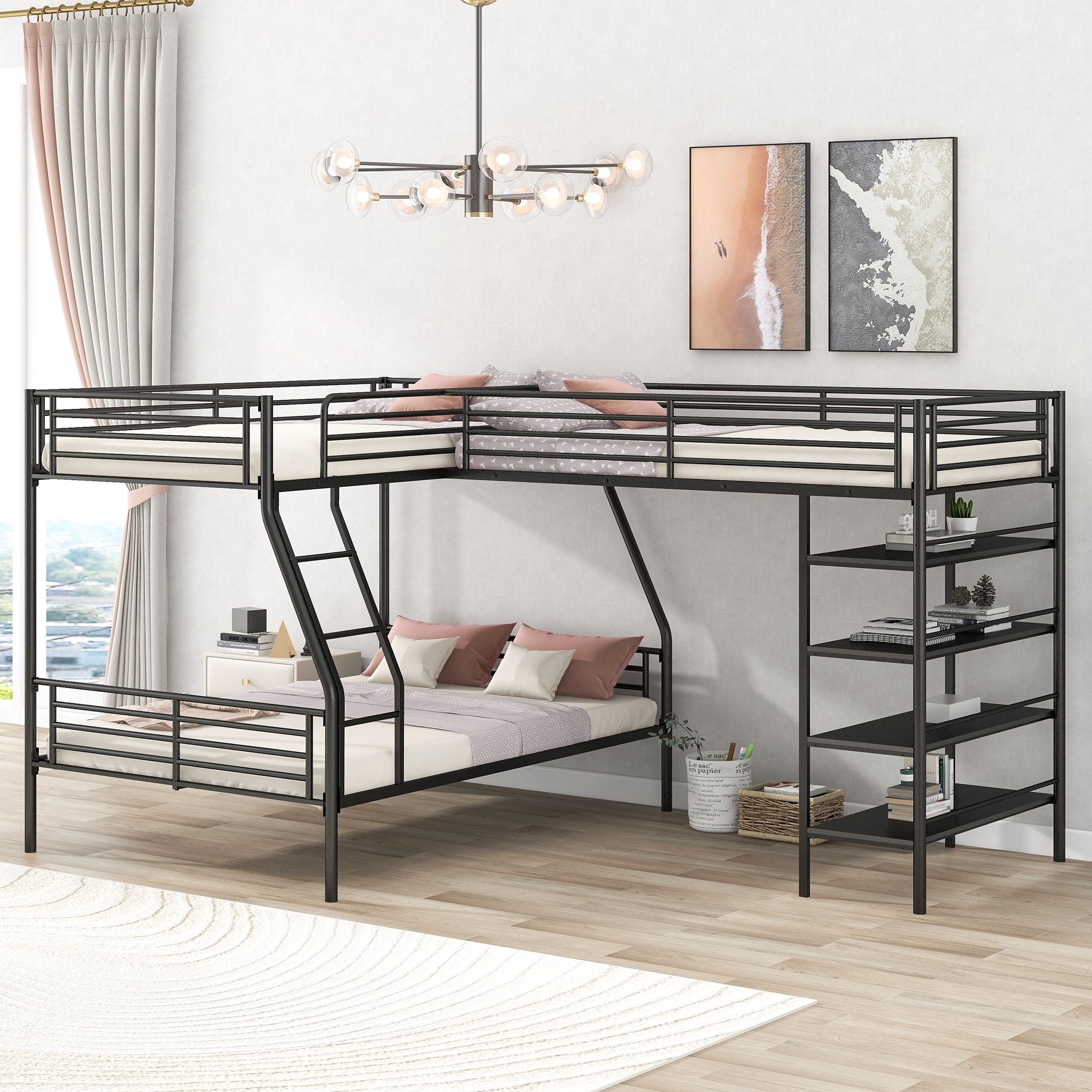 Space-Saving L-Shaped Twin over Full Metal Bunk Bed with Loft and Four Built-In Shelves in Black | Just Better Bunk Beds