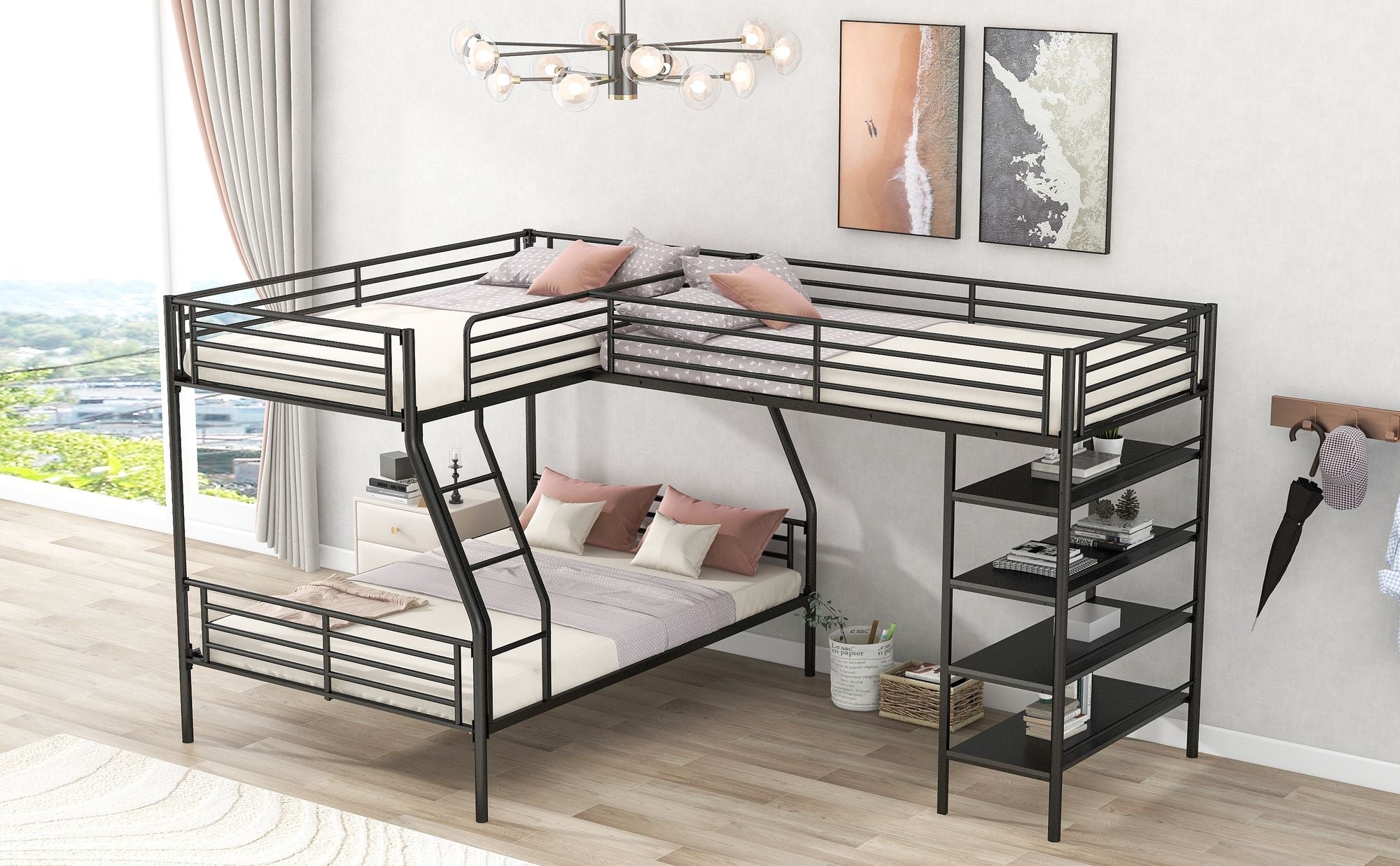 Space-Saving L-Shaped Twin over Full Metal Bunk Bed with Loft and Four Built-In Shelves in Black | Just Better Bunk Beds