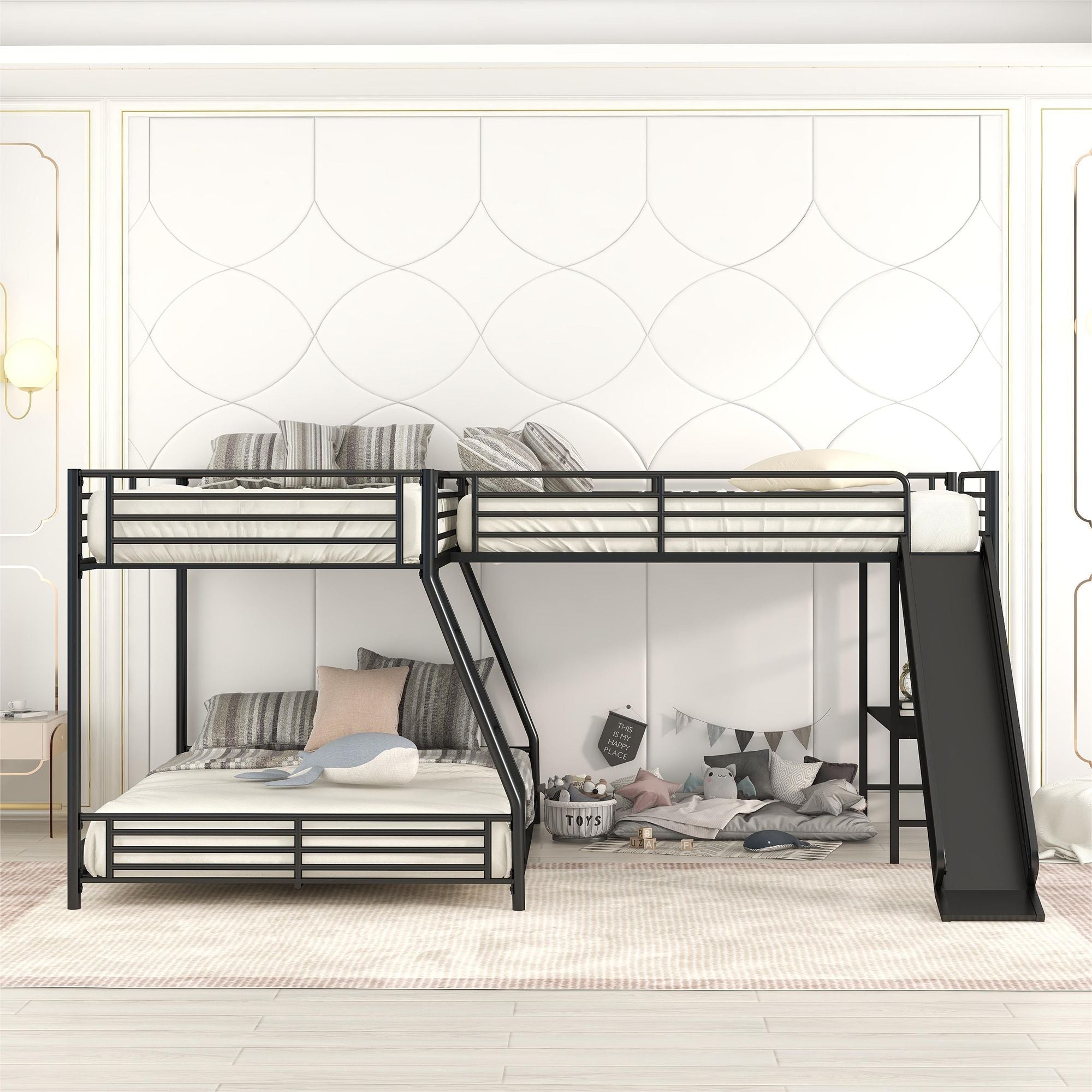Space-Saving L-Shaped Twin Over Full Metal Bunk Bed with Twin Loft, Built-In Desk and Slide, Black | Just Better Bunk Beds