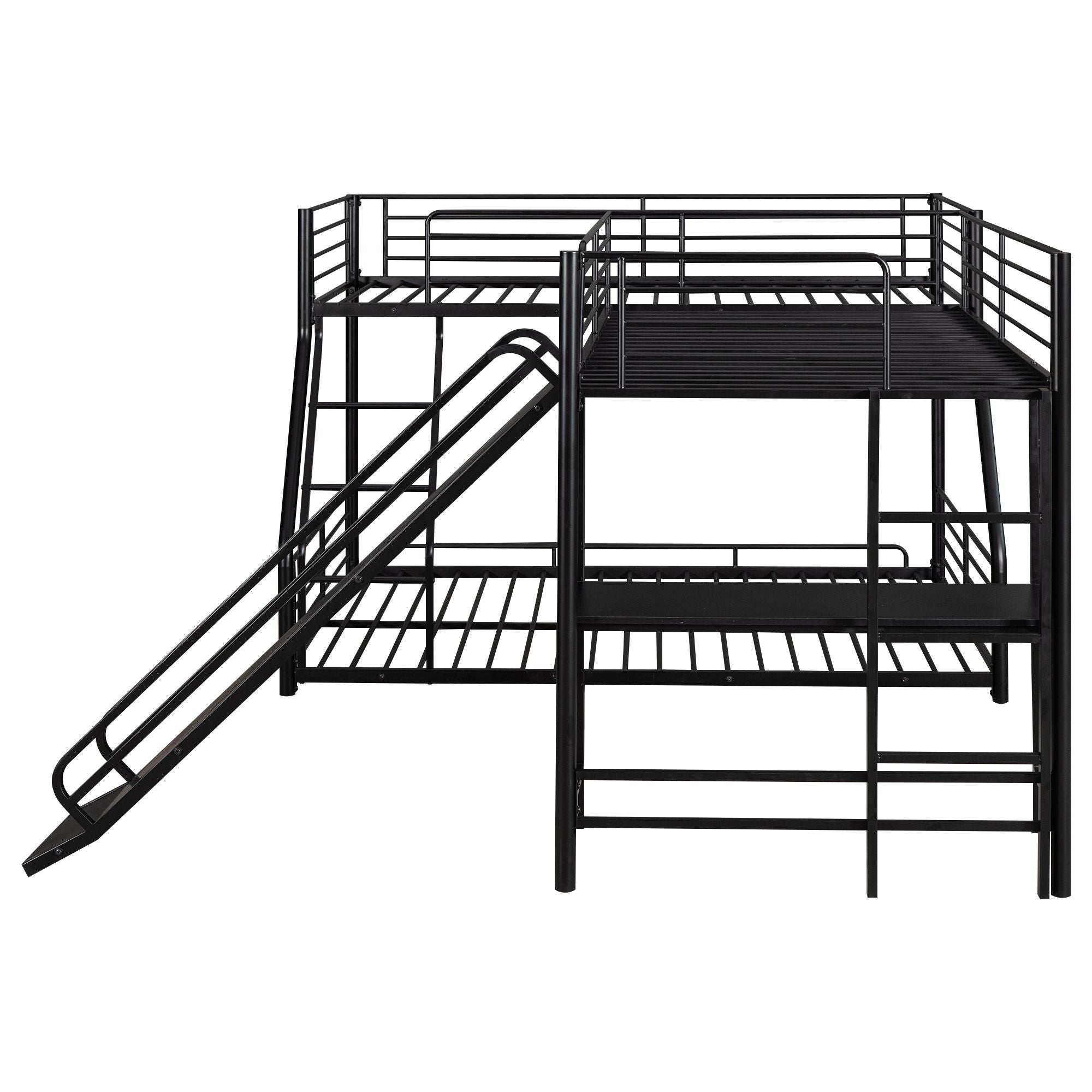 Space-Saving L-Shaped Twin Over Full Metal Bunk Bed with Twin Loft, Built-In Desk and Slide, Black | Just Better Bunk Beds