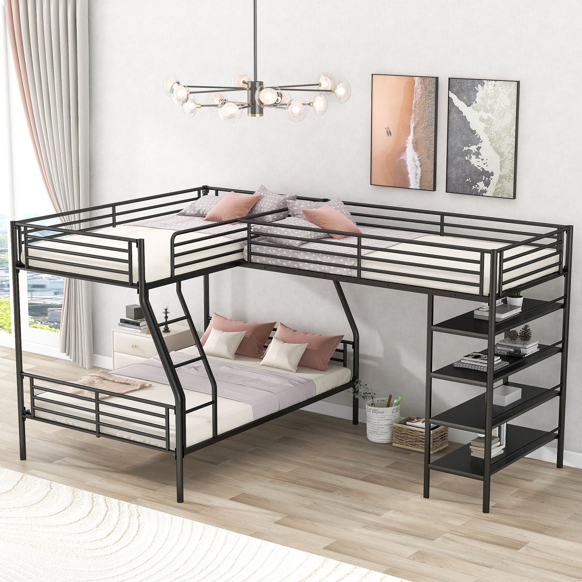 Space-Saving L-Shaped Twin Over Full Metal Bunk Bed with Twin Loft, Built-in Shelves, Black | Just Better Bunk Beds