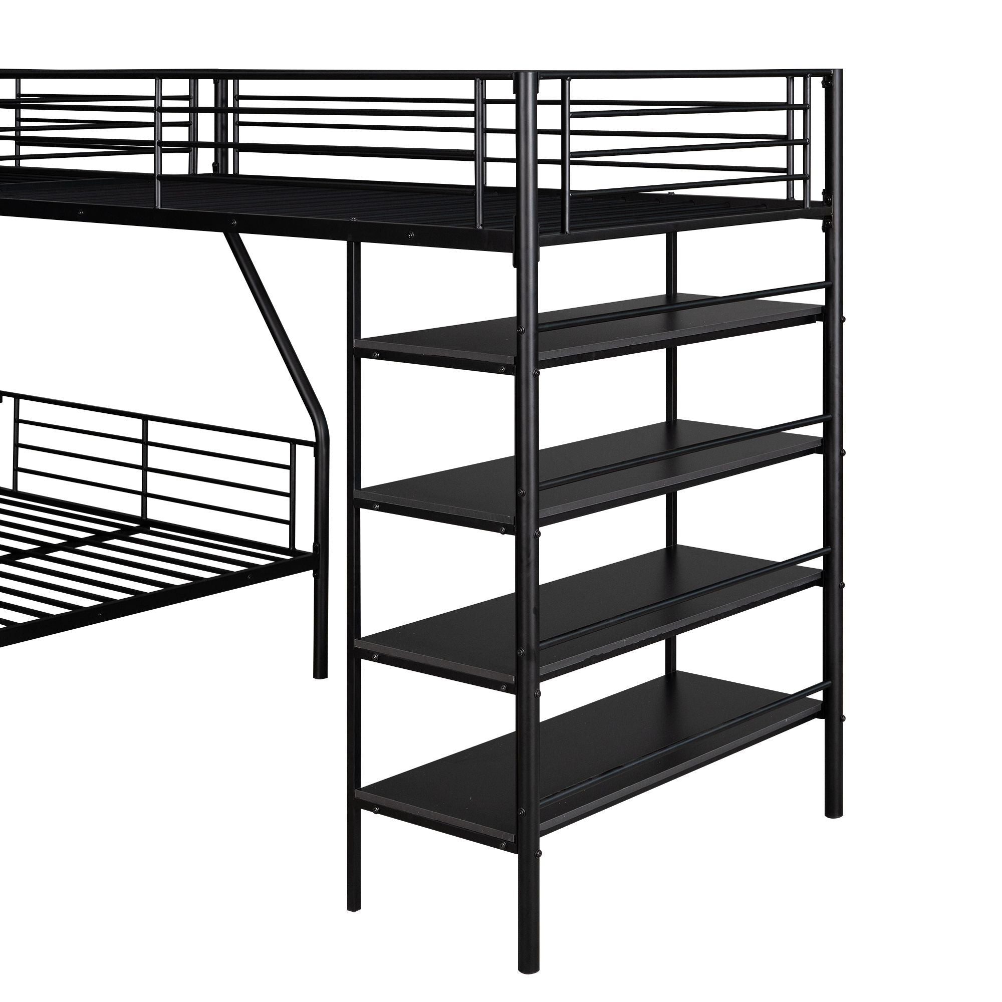 Space-Saving L-Shaped Twin Over Full Metal Bunk Bed with Twin Loft, Built-in Shelves, Black | Just Better Bunk Beds