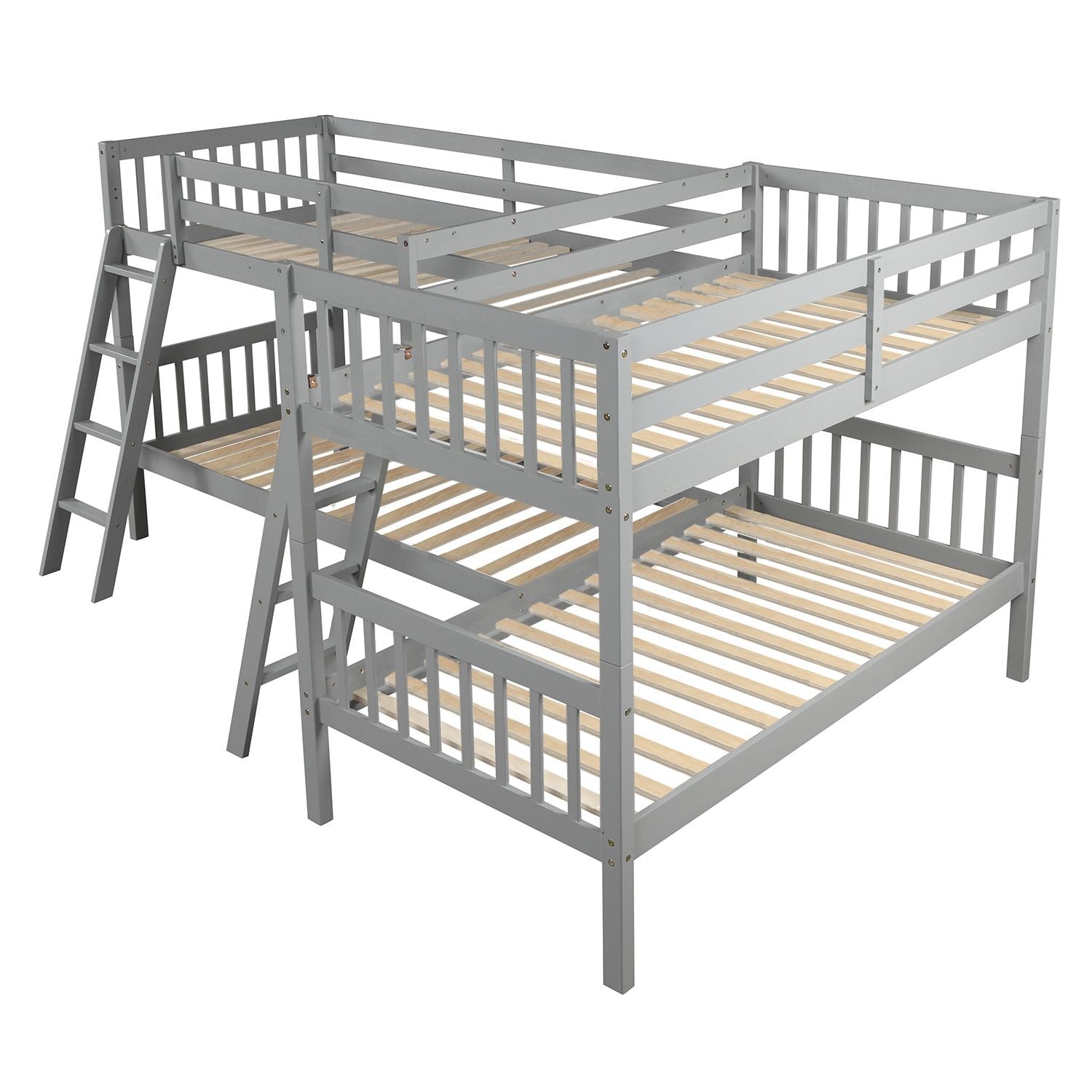 Space-Saving L-Shaped Twin-Over-Twin Wood Bunk Bed with Ladder in Gray | Just Better Bunk Beds