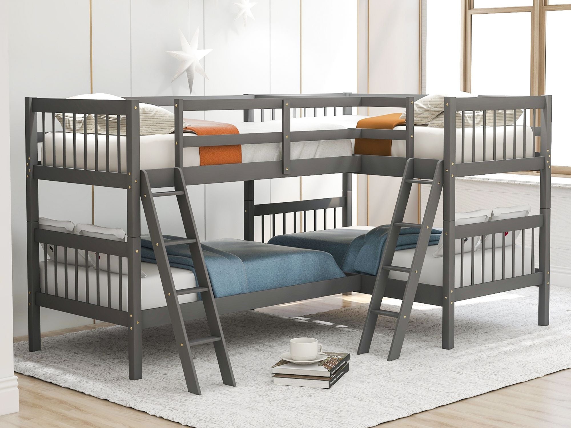 Space-Saving L-Shaped Twin-Over-Twin Wood Bunk Bed with Ladder in Gray | Just Better Bunk Beds