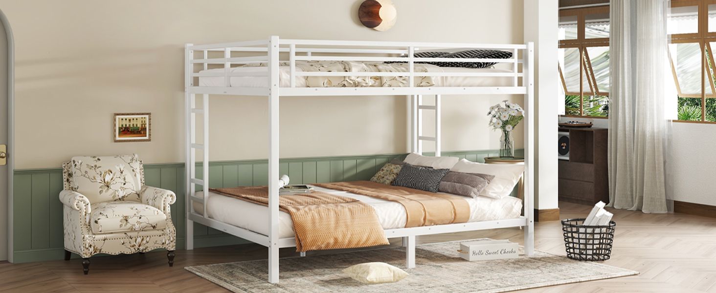 Space-Saving Queen Over Queen Metal Bunk Bed with Noise Reduction, No Box Spring Needed, White | Just Better Bunk Beds