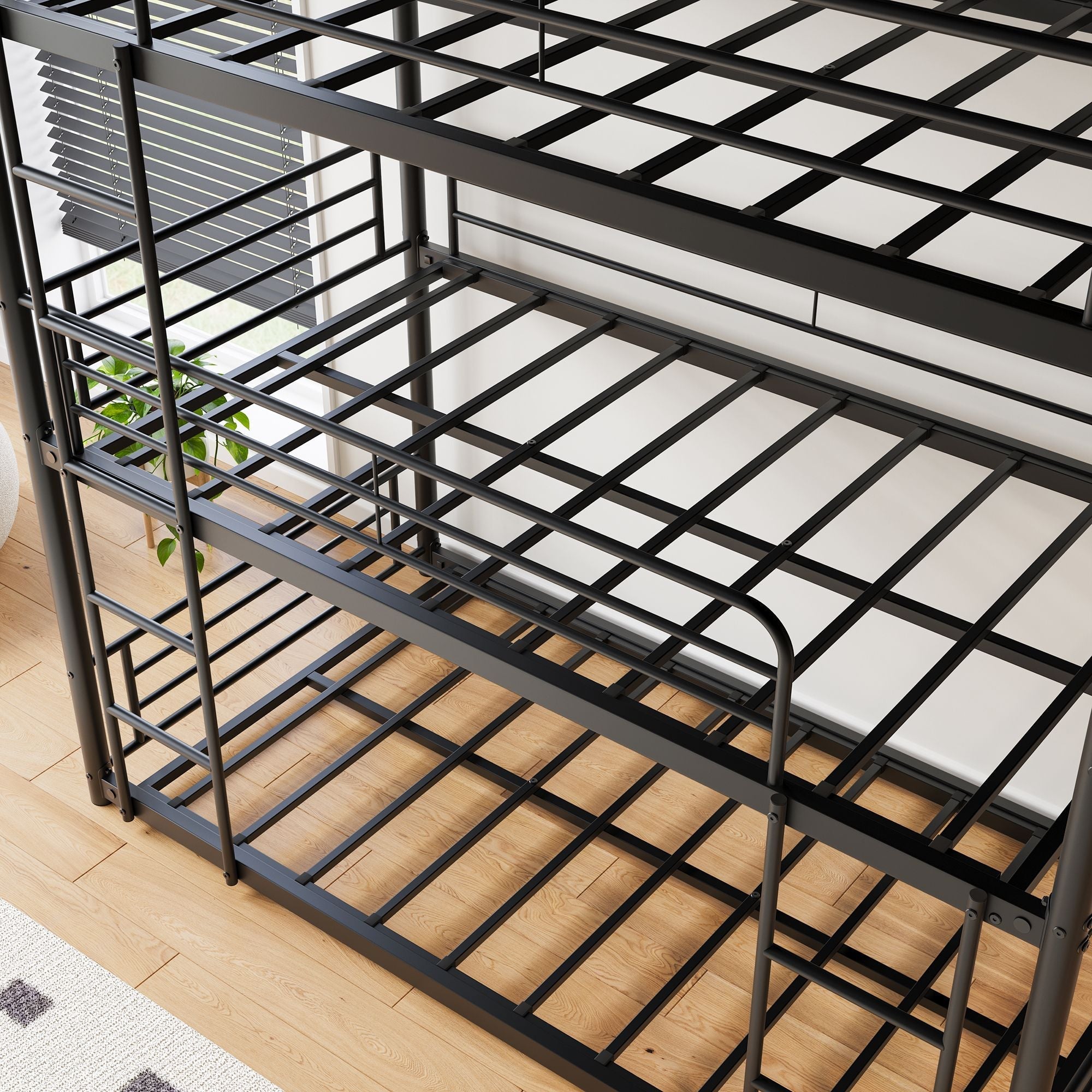 Space-Saving Triple Twin Metal Bunk Bed with Guard Rails and Dual Ladders, Black | Just Better Bunk Beds