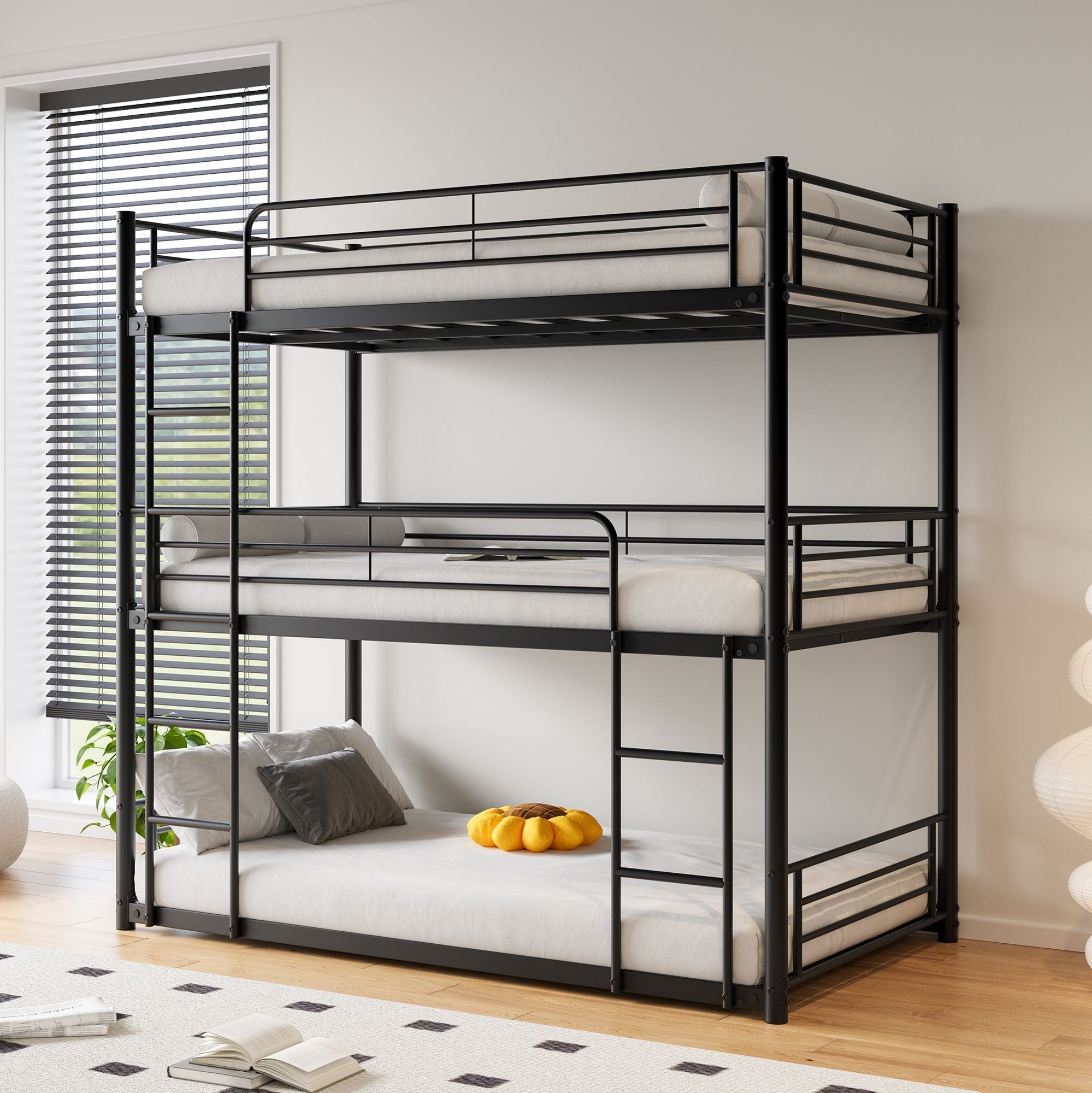 Space-Saving Triple Twin Metal Bunk Bed with Guard Rails and Dual Ladders, Black | Just Better Bunk Beds