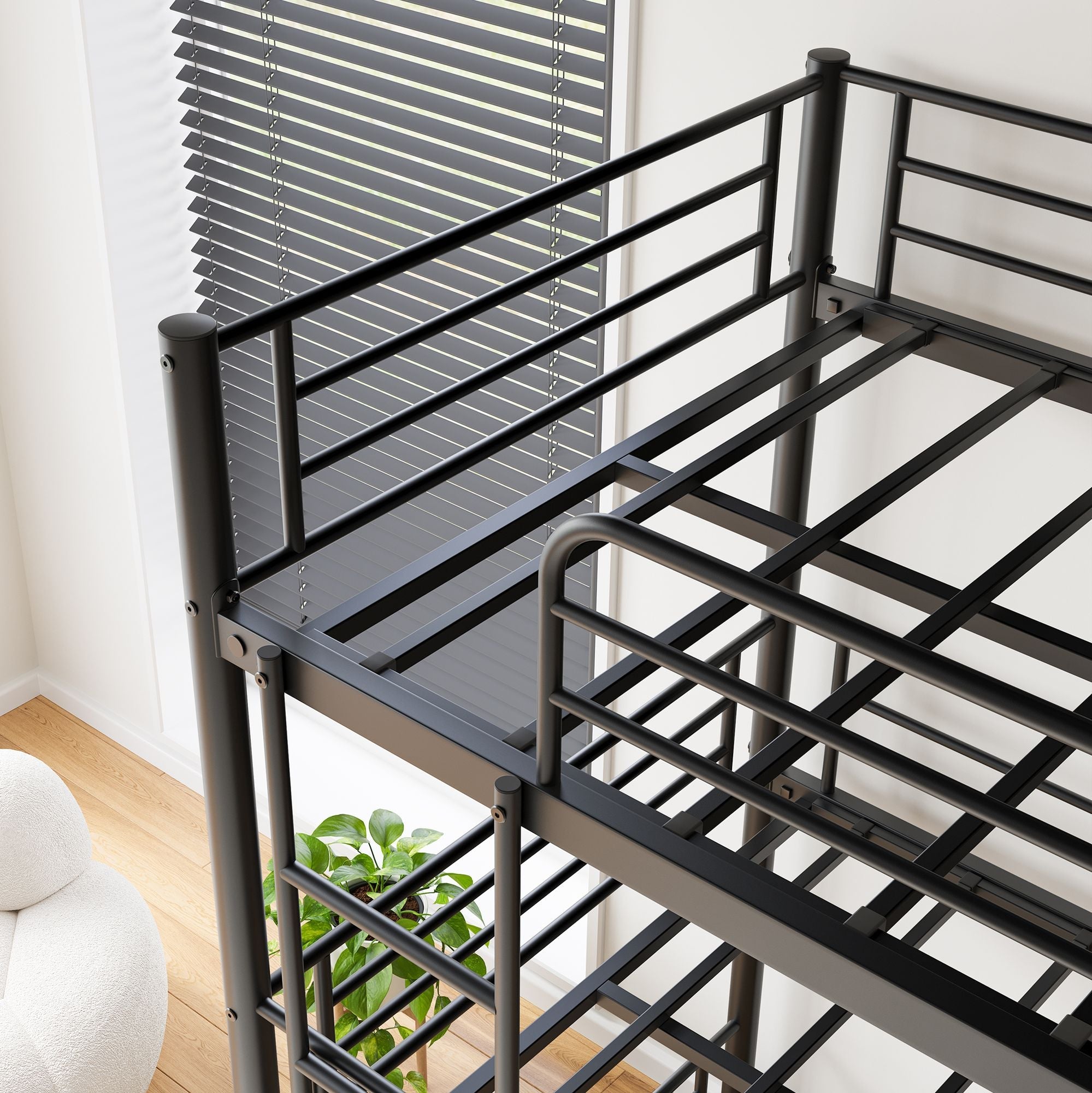 Space-Saving Triple Twin Metal Bunk Bed with Guard Rails and Dual Ladders, Black | Just Better Bunk Beds