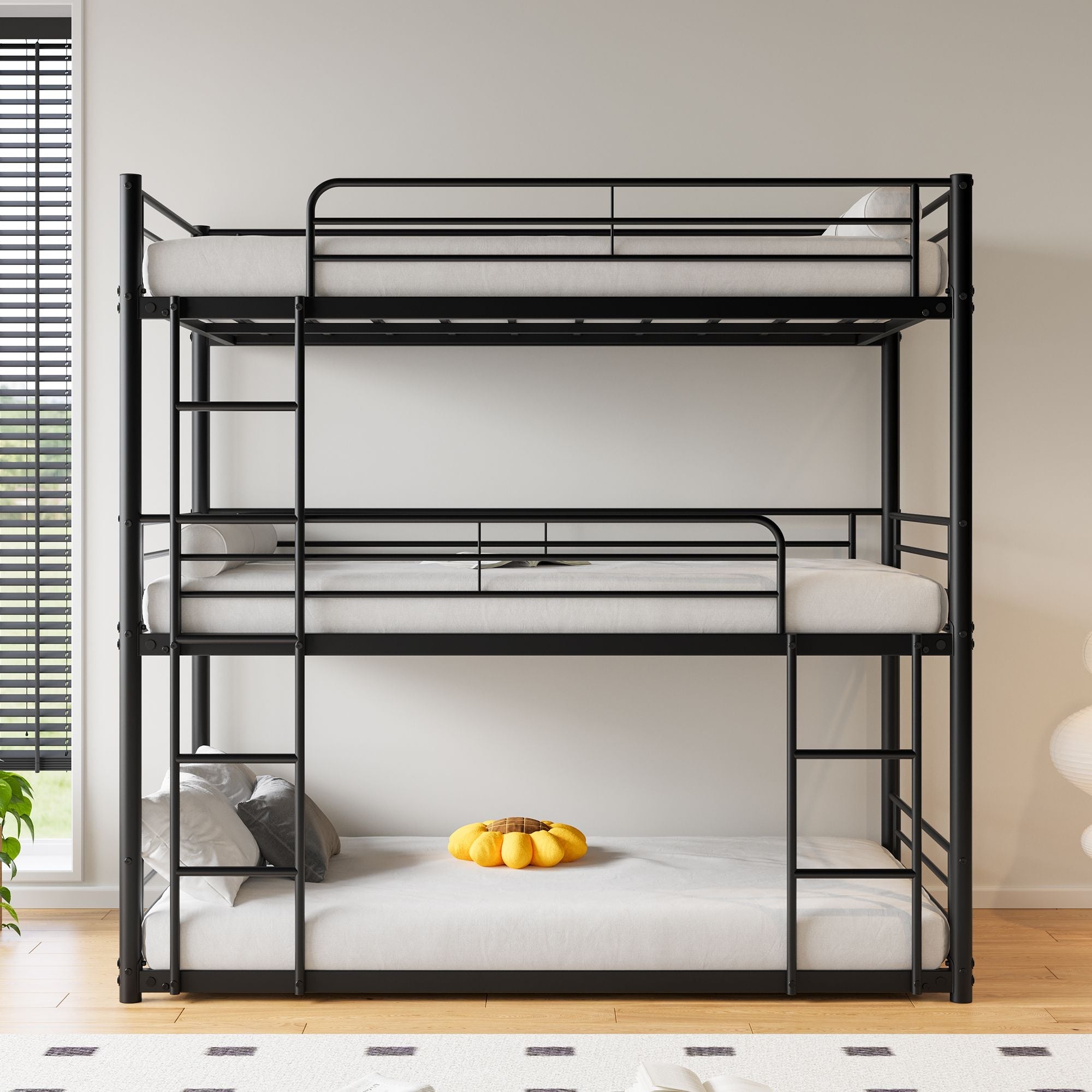 Space-Saving Triple Twin Metal Bunk Bed with Guard Rails and Dual Ladders, Black | Just Better Bunk Beds