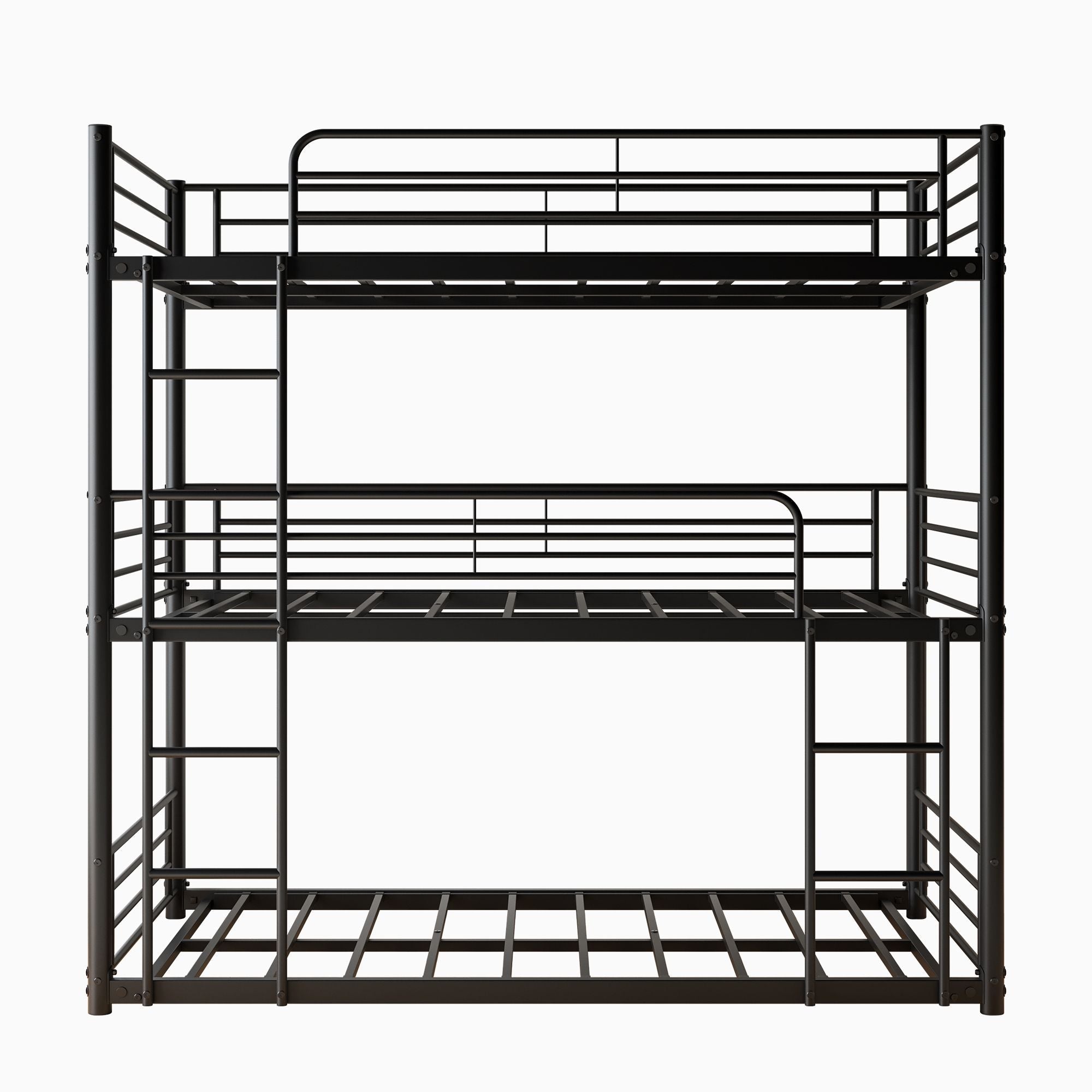 Space-Saving Triple Twin Metal Bunk Bed with Guard Rails and Dual Ladders, Black | Just Better Bunk Beds