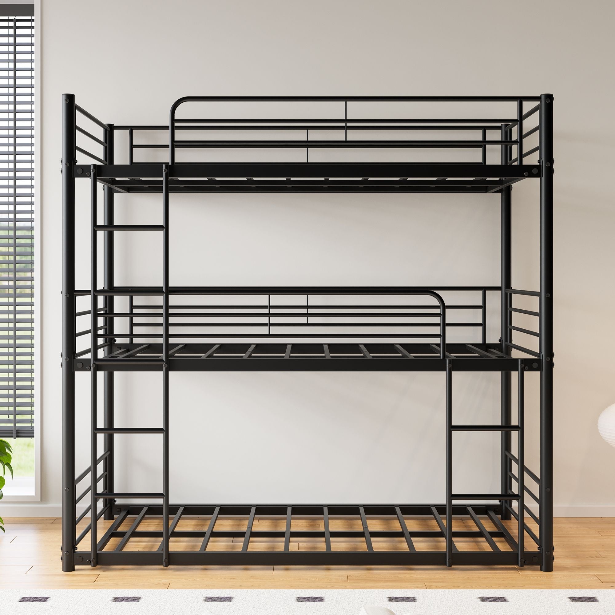 Space-Saving Triple Twin Metal Bunk Bed with Guard Rails and Dual Ladders, Black | Just Better Bunk Beds