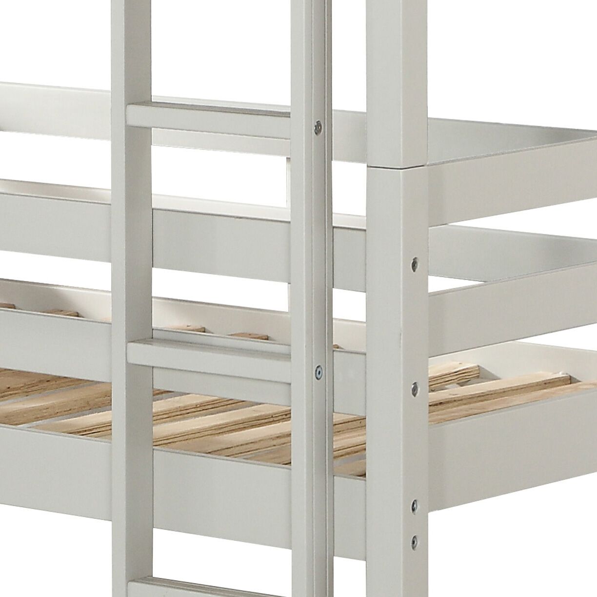 Space-Saving Triple Twin Wood Bunk Bed with Safety Guardrails, Light Gray Finish | Just Better Bunk Beds