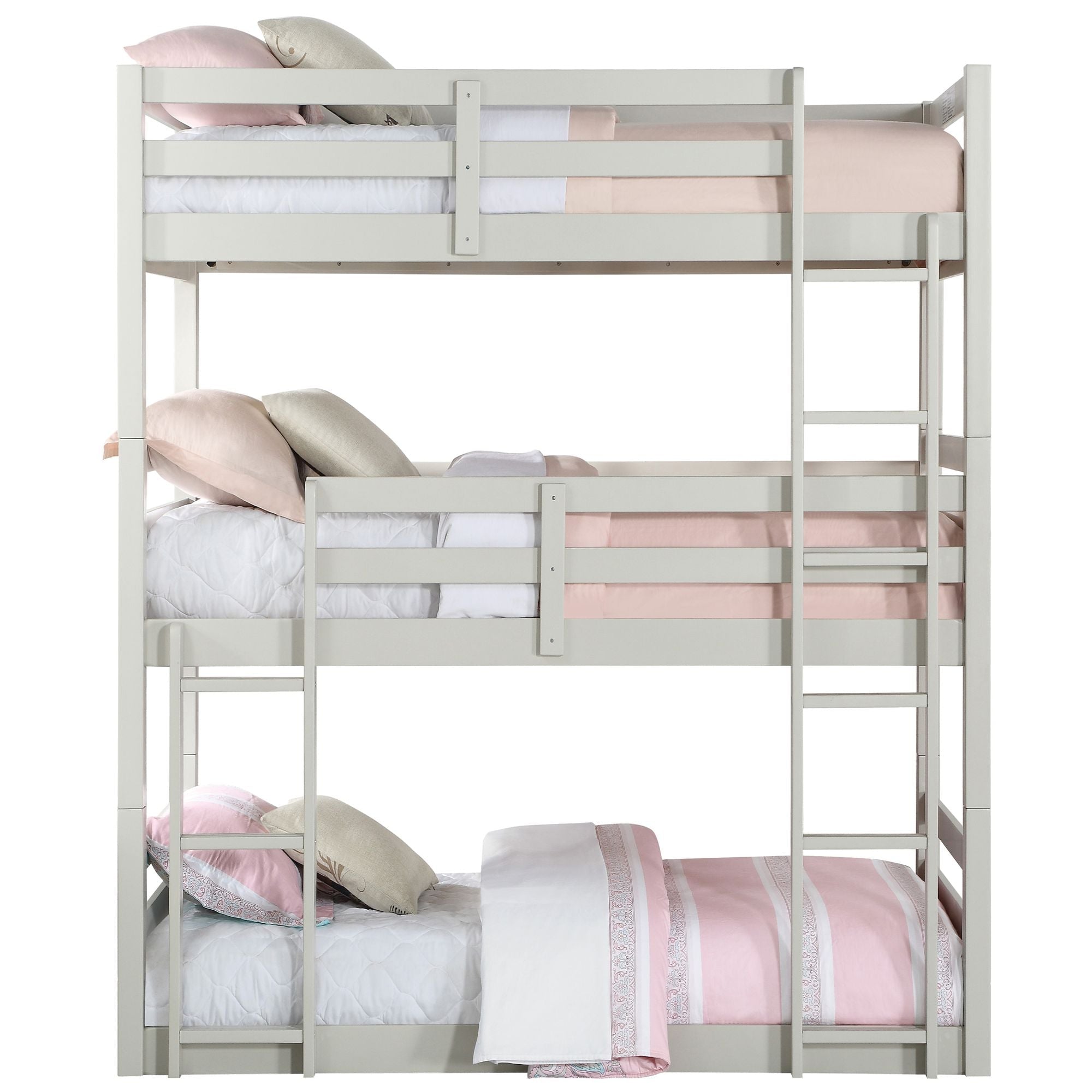 Space-Saving Triple Twin Wood Bunk Bed with Safety Guardrails, Light Gray Finish | Just Better Bunk Beds