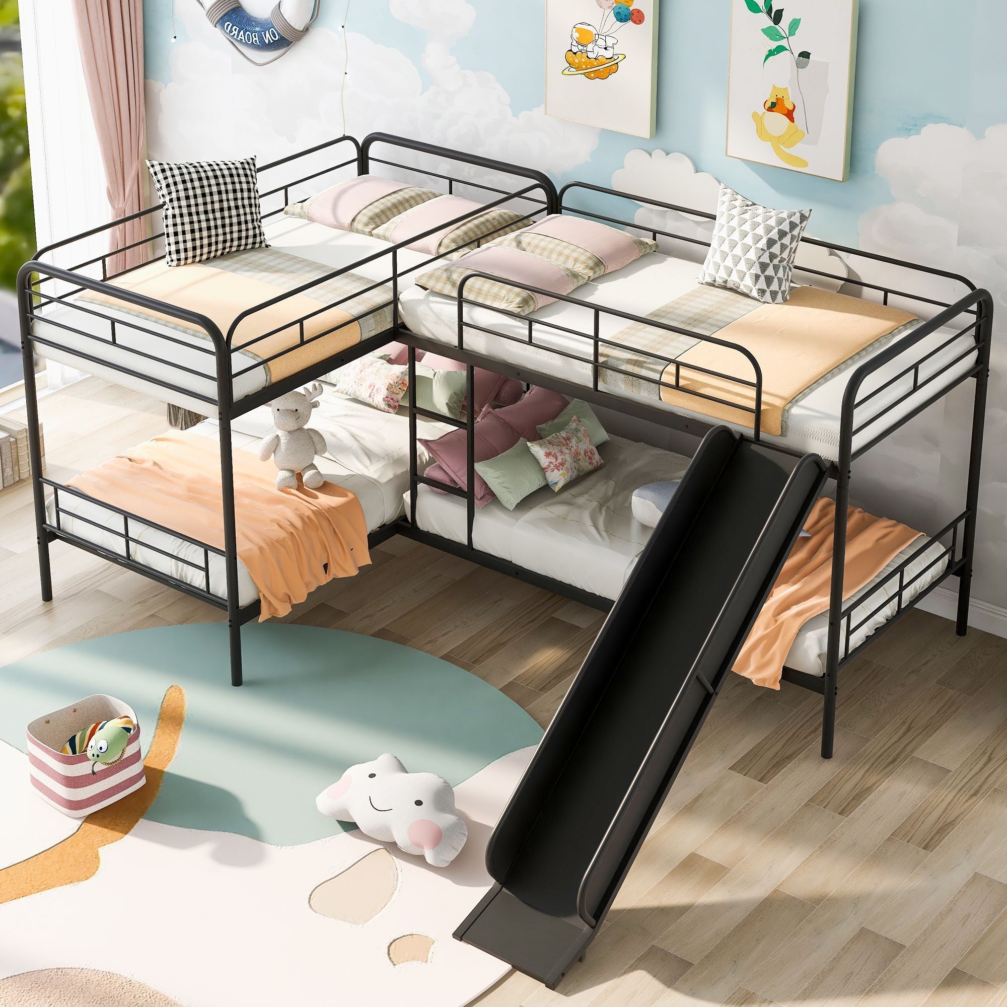 Space-Saving Twin L-Shaped Metal Bunk Bed with Slide and Ladder in Black | Just Better Bunk Beds