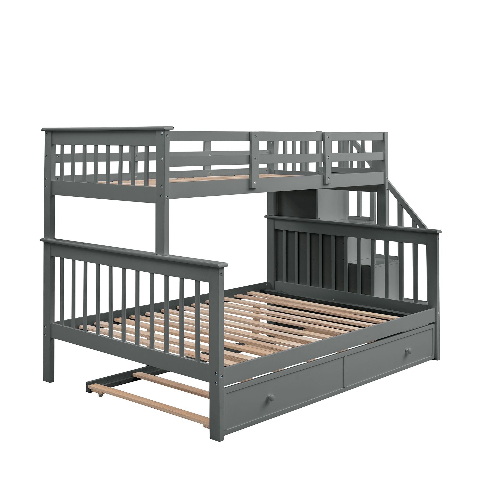 Space-Saving Twin-Over-Full Bunk Bed with Twin Trundle, Stair Storage, and Gray Wood Frame | Just Better Bunk Beds