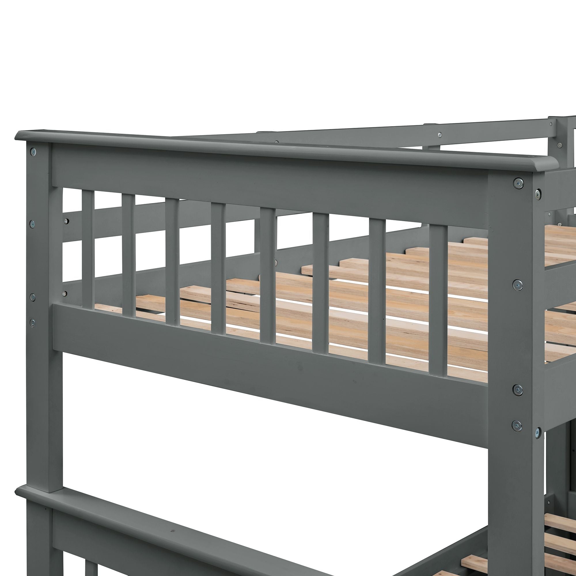 Space-Saving Twin-Over-Full Bunk Bed with Twin Trundle, Stair Storage, and Gray Wood Frame | Just Better Bunk Beds