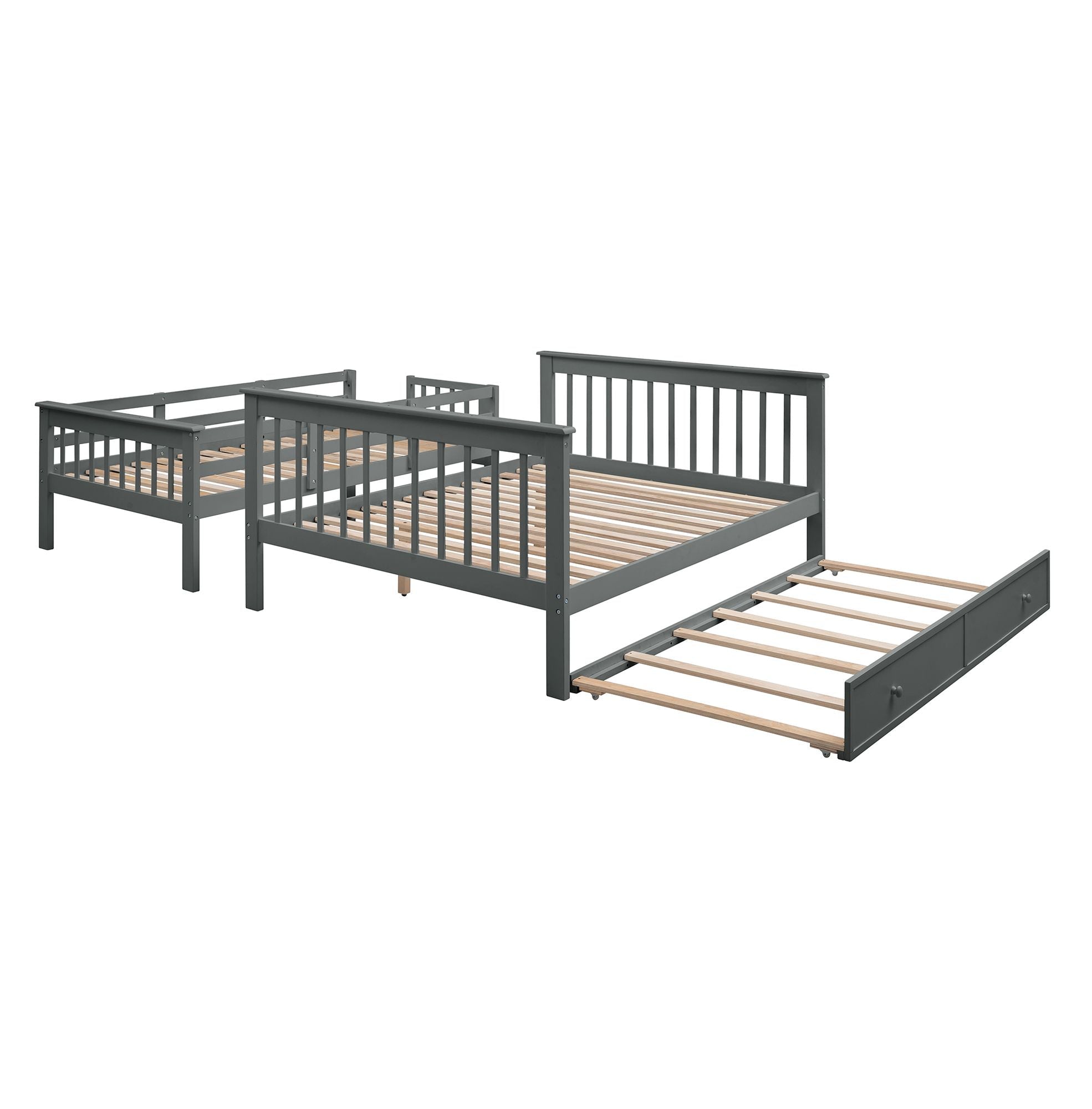 Space-Saving Twin-Over-Full Bunk Bed with Twin Trundle, Stair Storage, and Gray Wood Frame | Just Better Bunk Beds
