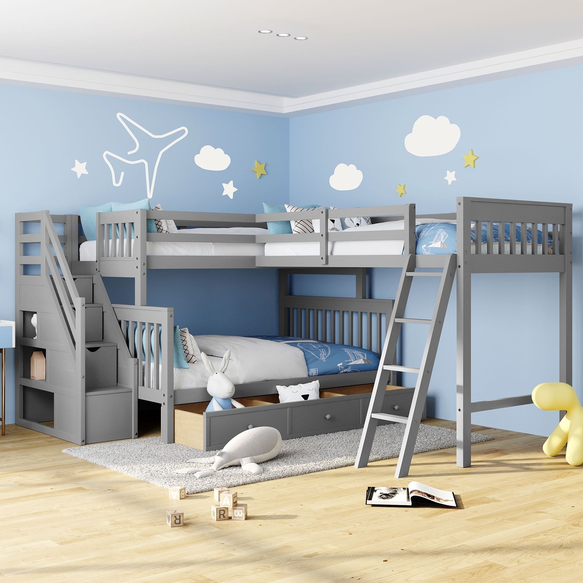 Space-Saving Twin over Full L-Shaped Wood Bunk Bed with 3 Drawers, Ladder, and Staircase in Gray | Just Better Bunk Beds