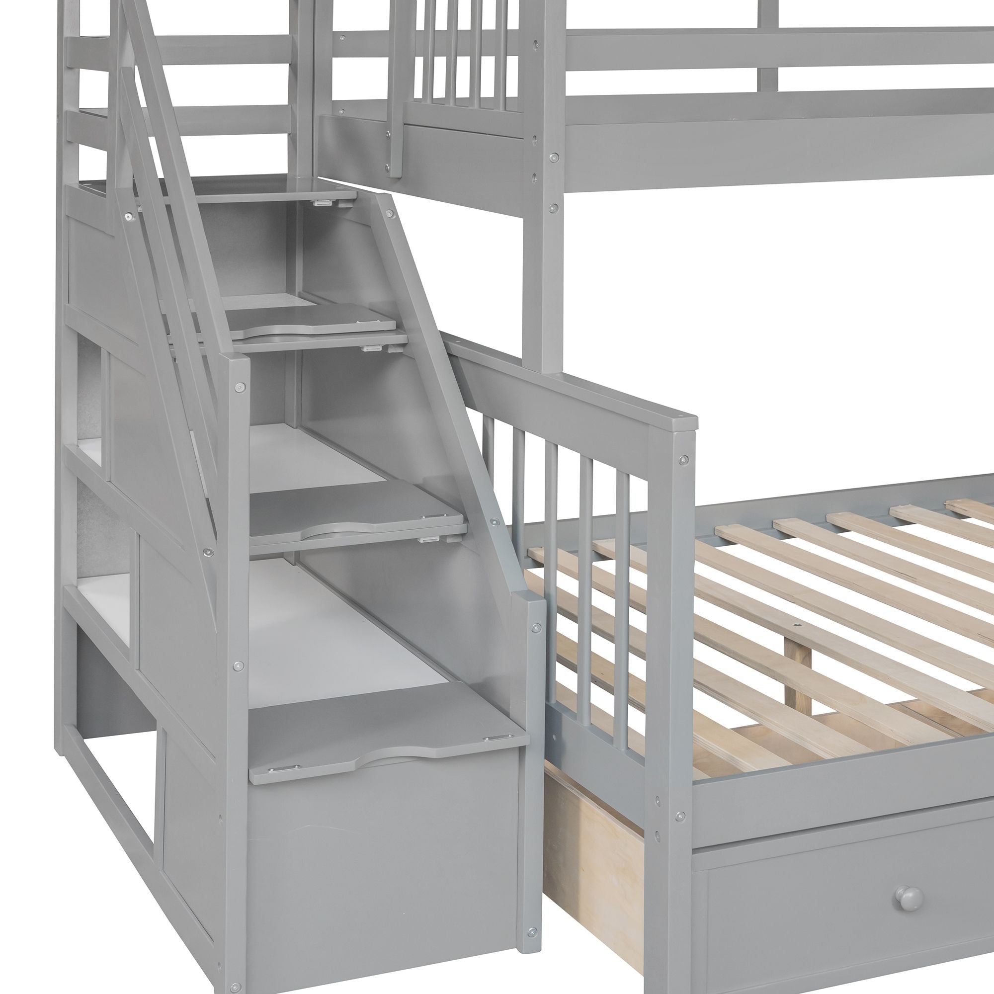 Space-Saving Twin over Full L-Shaped Wood Bunk Bed with 3 Drawers, Ladder, and Staircase in Gray | Just Better Bunk Beds