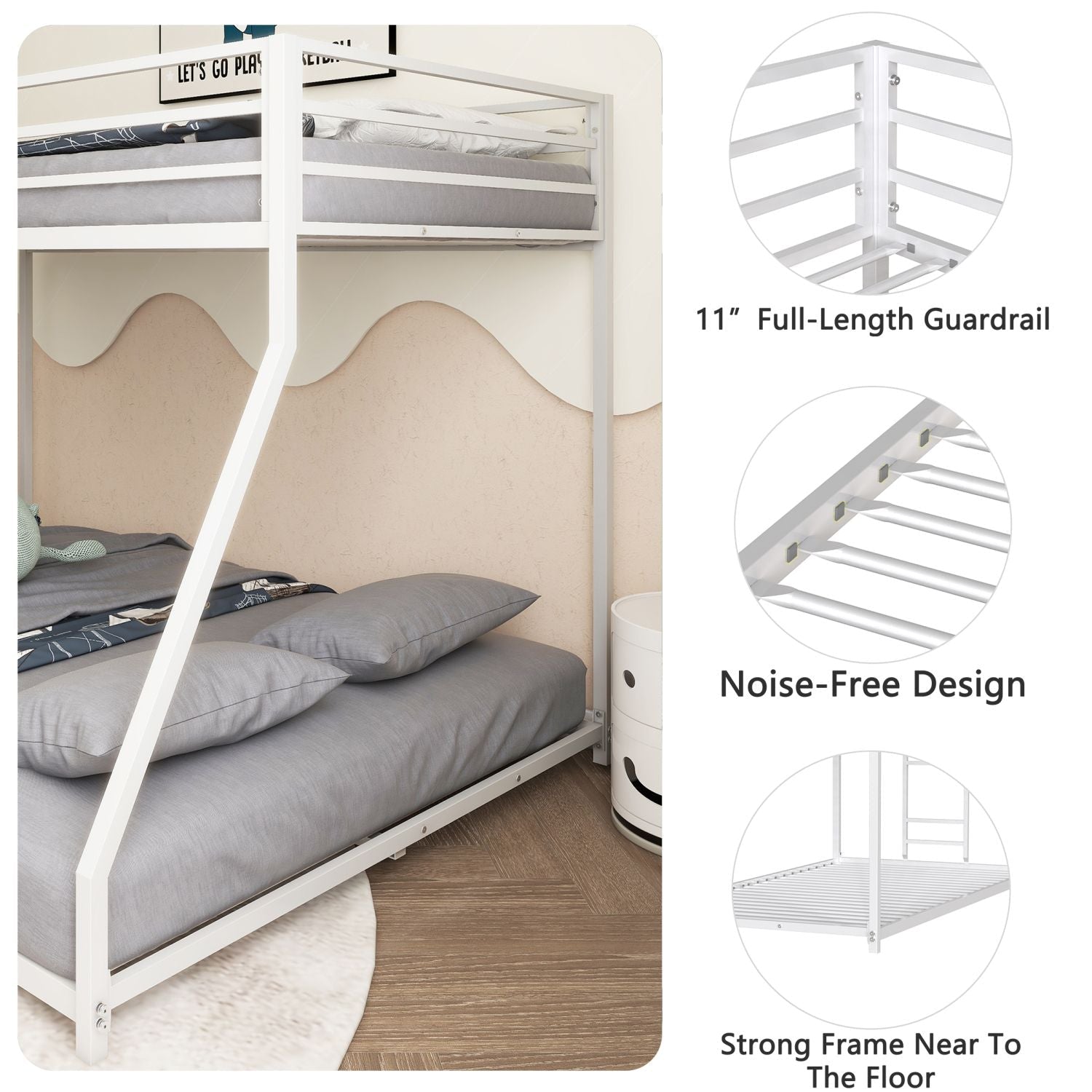 Space-Saving Twin Over Full Metal Bunk Bed with Stable Ladder, Low Profile White Finish | Just Better Bunk Beds