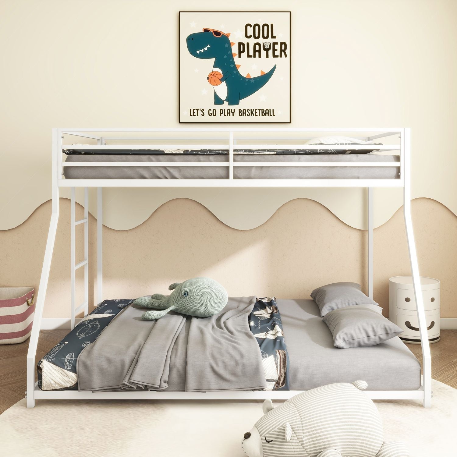 Space-Saving Twin Over Full Metal Bunk Bed with Stable Ladder, Low Profile White Finish | Just Better Bunk Beds