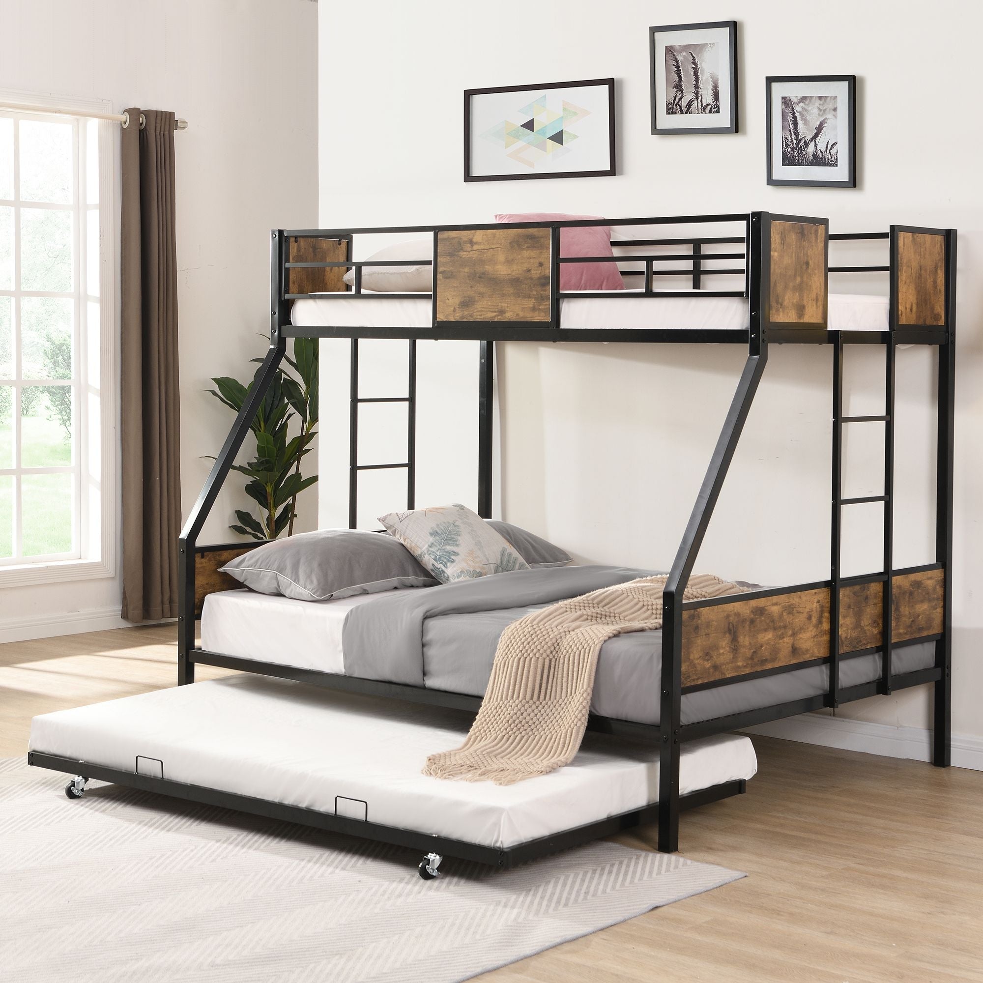 Space-Saving Twin Over Full Metal Bunk Bed with Trundle, Side Ladder, Full Guardrails, Large Storage | Just Better Bunk Beds