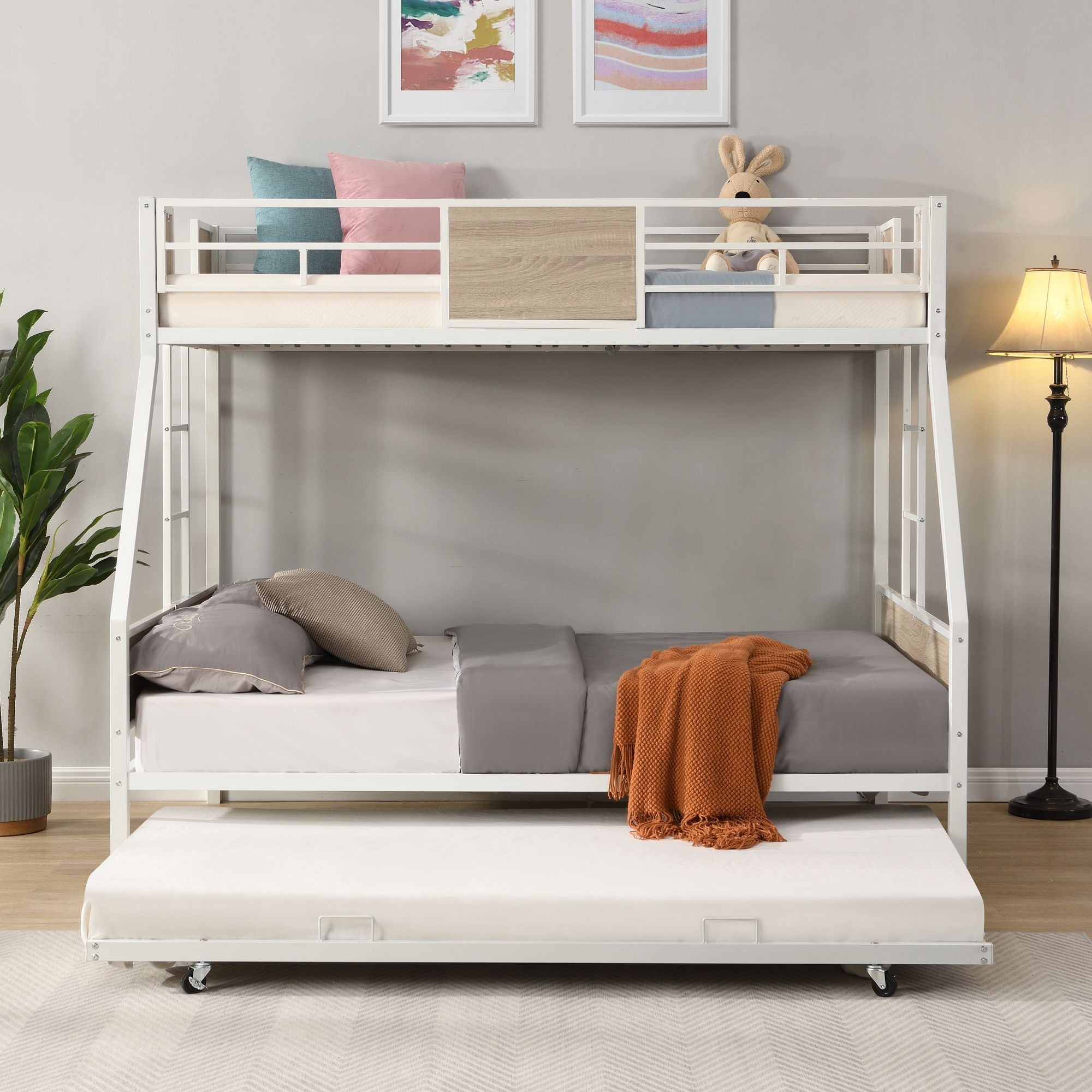 Space-Saving Twin Over Full Metal Bunk Bed with Trundle, Side Ladder, Full Guardrails, Large Storage | Just Better Bunk Beds