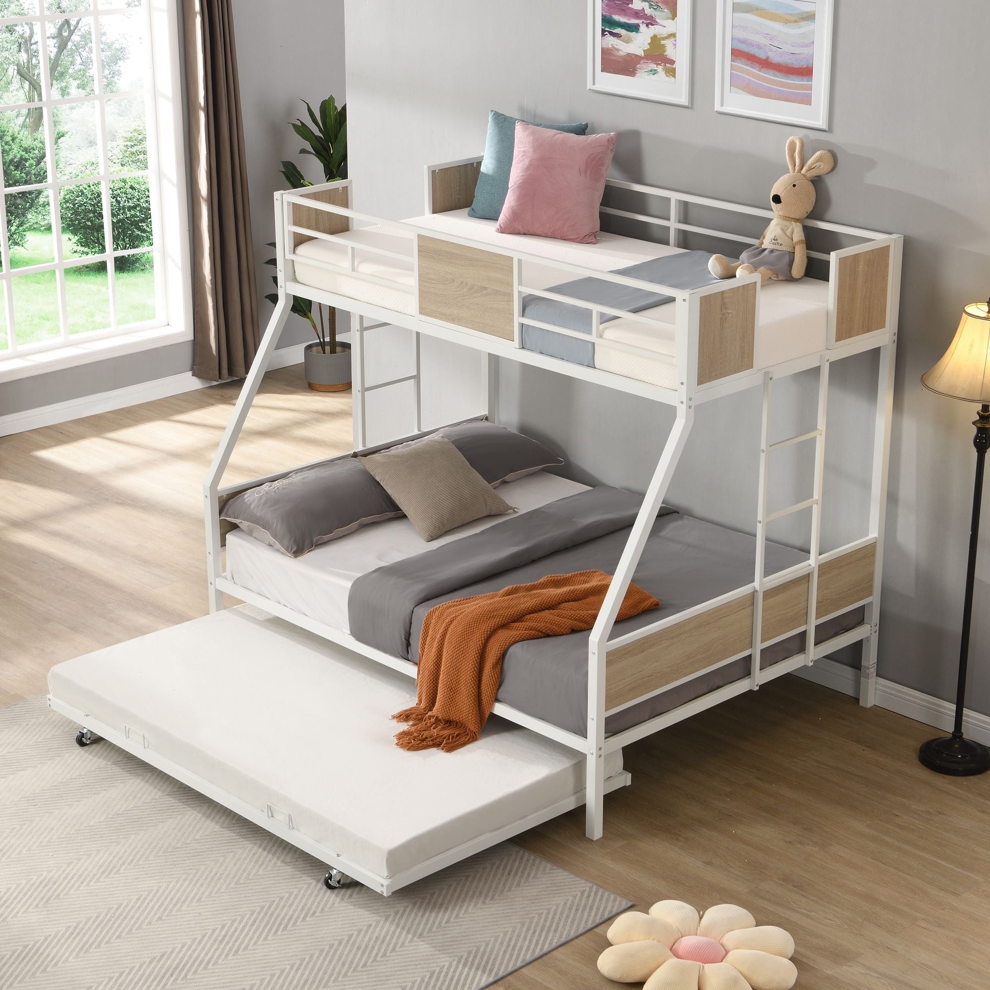 Space-Saving Twin Over Full Metal Bunk Bed with Trundle, Side Ladder, Full Guardrails, Large Storage | Just Better Bunk Beds