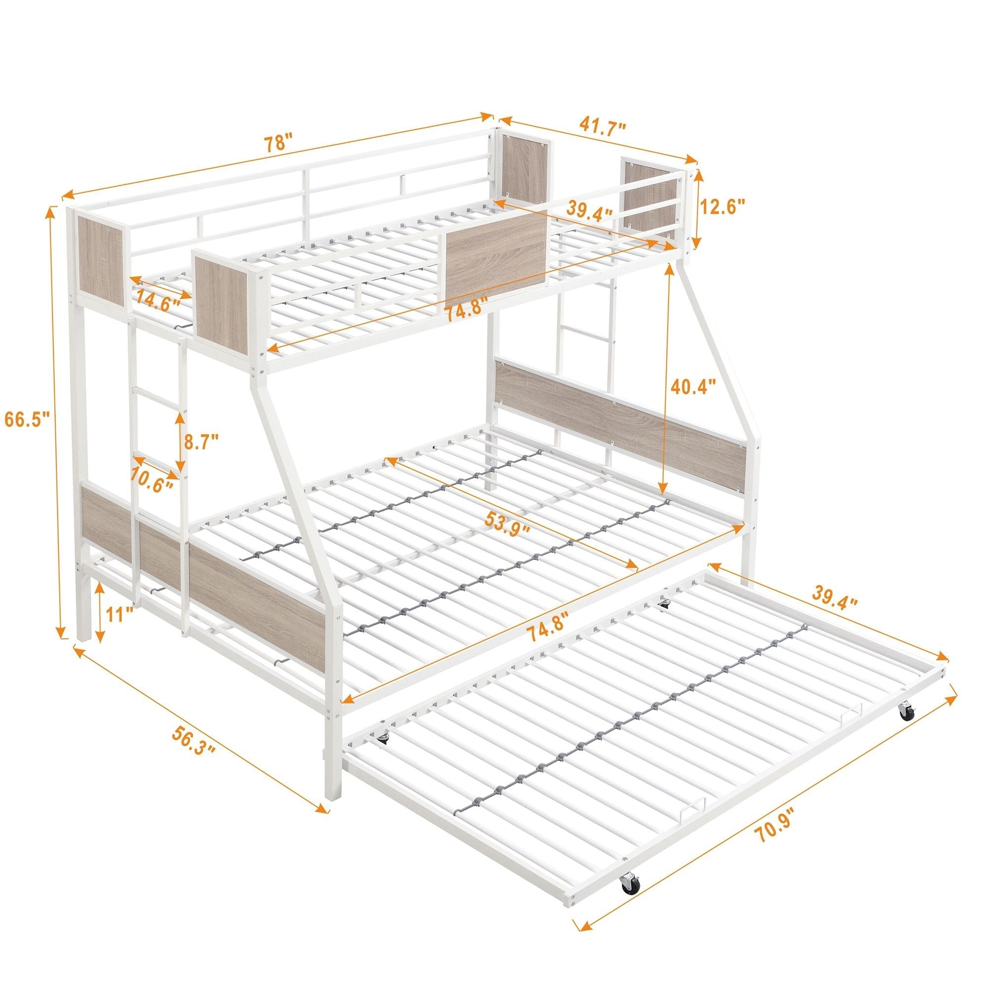 Space-Saving Twin Over Full Metal Bunk Bed with Trundle, Side Ladder, Full Guardrails, Large Storage | Just Better Bunk Beds