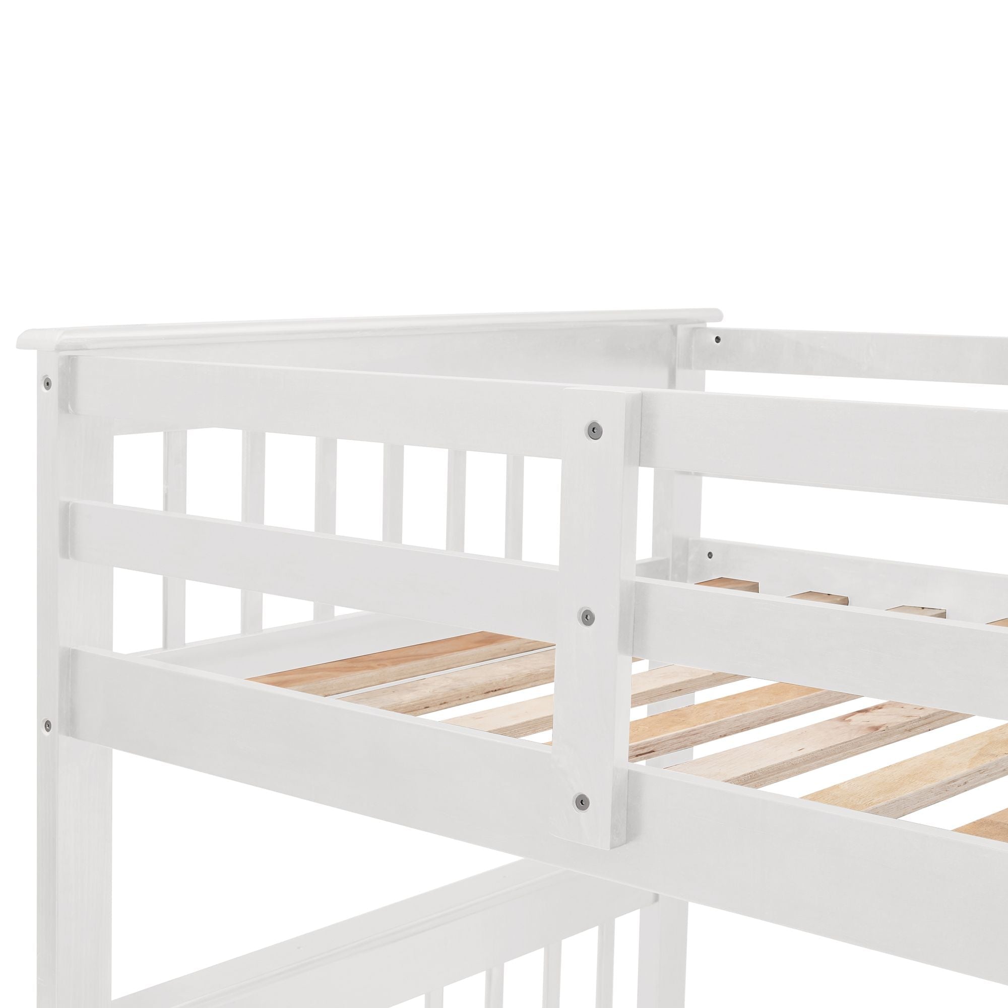 Space-Saving Twin-Over-Full Pine Wood Bunk Bed with Stairway Storage, Drawer, and Guardrails in White | Just Better Bunk Beds