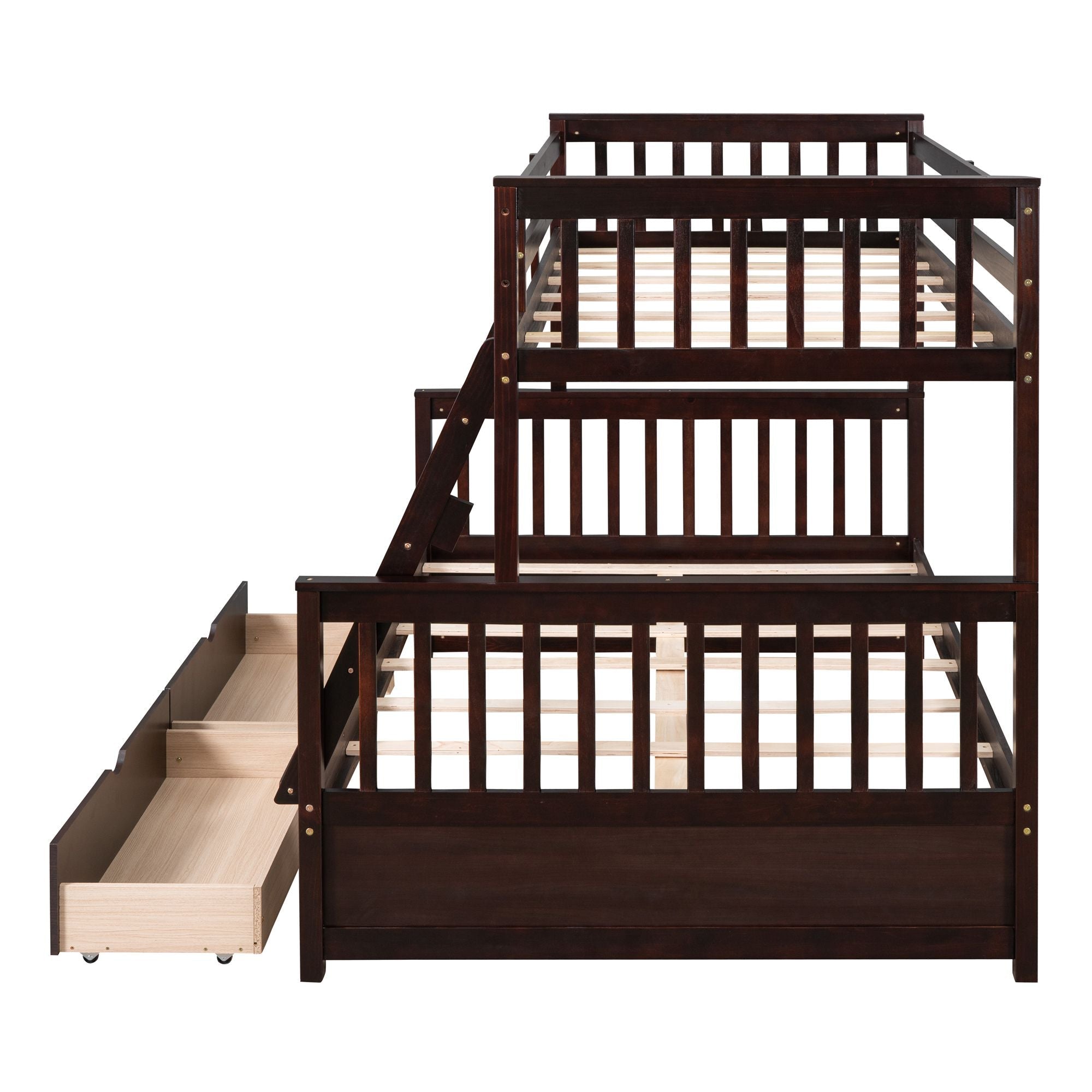 Space-Saving Twin Over Full Wood Bunk Bed with Ladder and Two Storage Drawers, Espresso | Just Better Bunk Beds