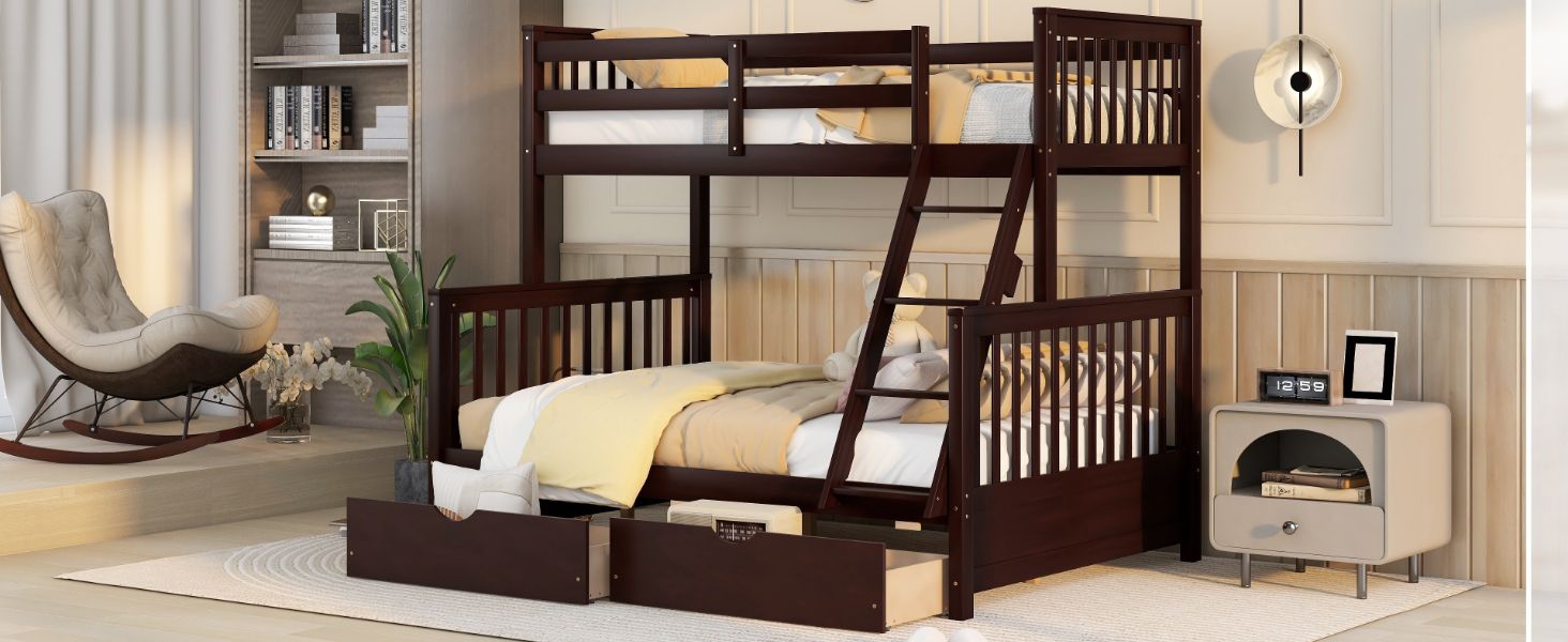 Space-Saving Twin Over Full Wood Bunk Bed with Ladder and Two Storage Drawers, Espresso | Just Better Bunk Beds