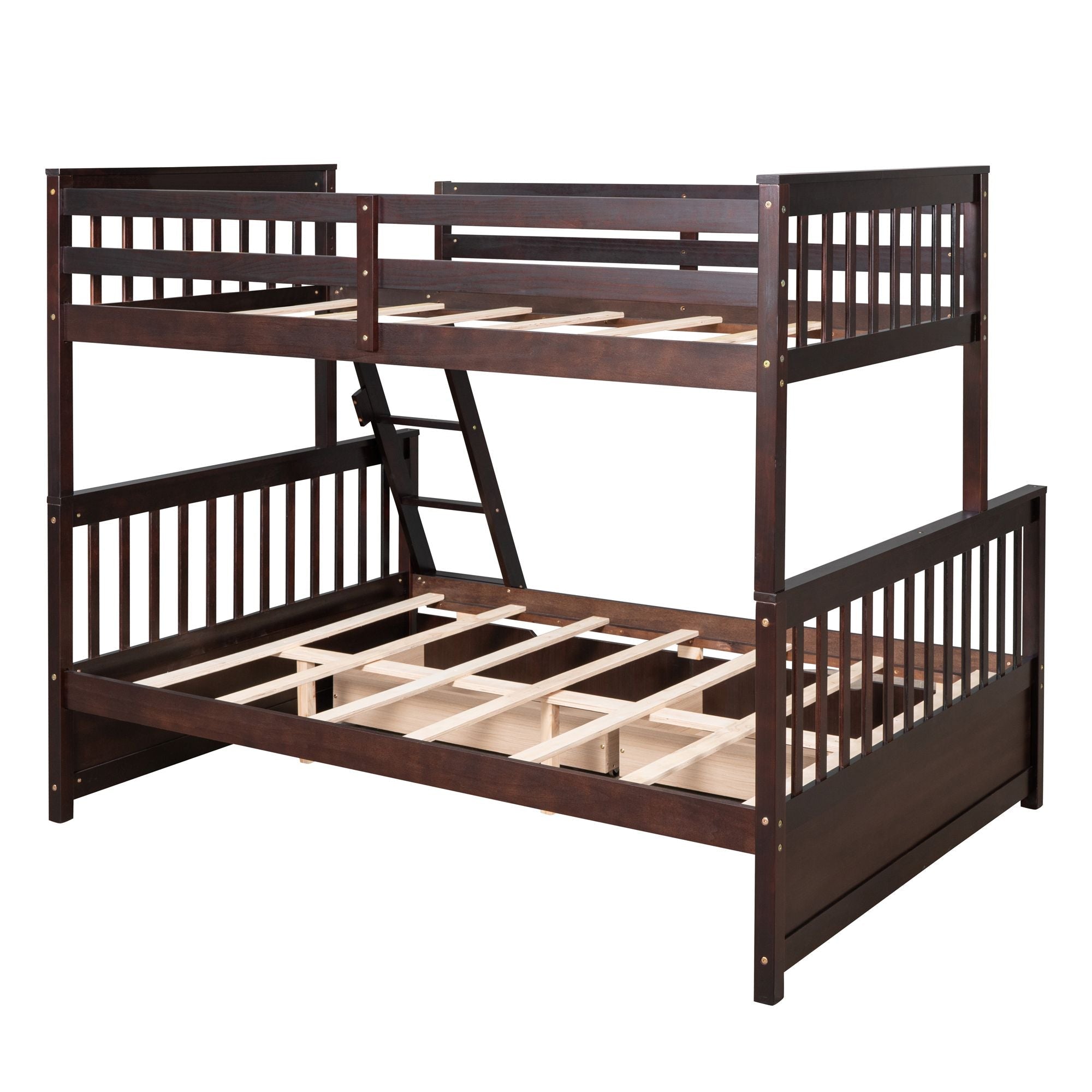 Space-Saving Twin Over Full Wood Bunk Bed with Ladder and Two Storage Drawers, Espresso | Just Better Bunk Beds