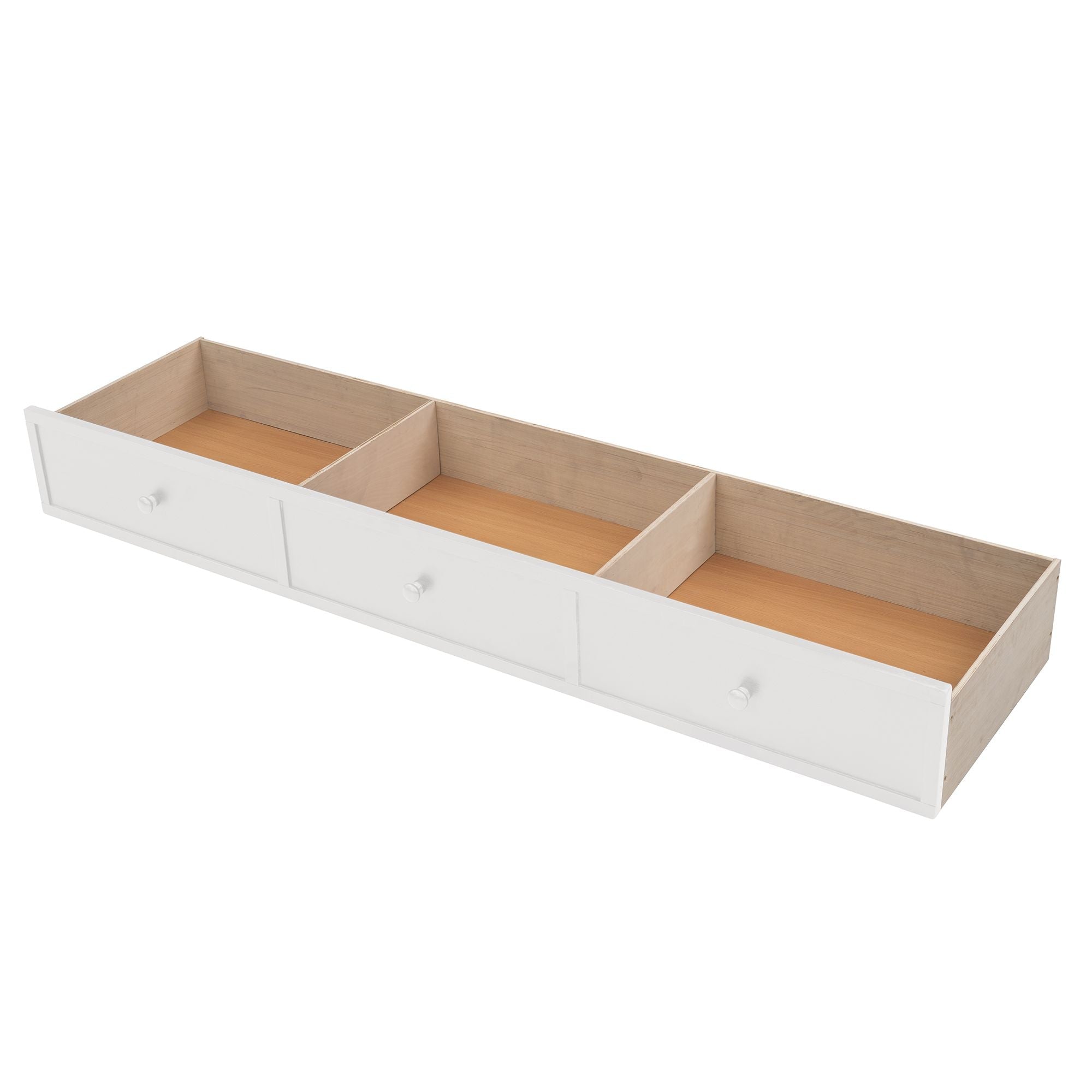 Space-Saving Twin Over Full Wood Bunk Bed with Stair Drawers and Guard Rail in White | Just Better Bunk Beds