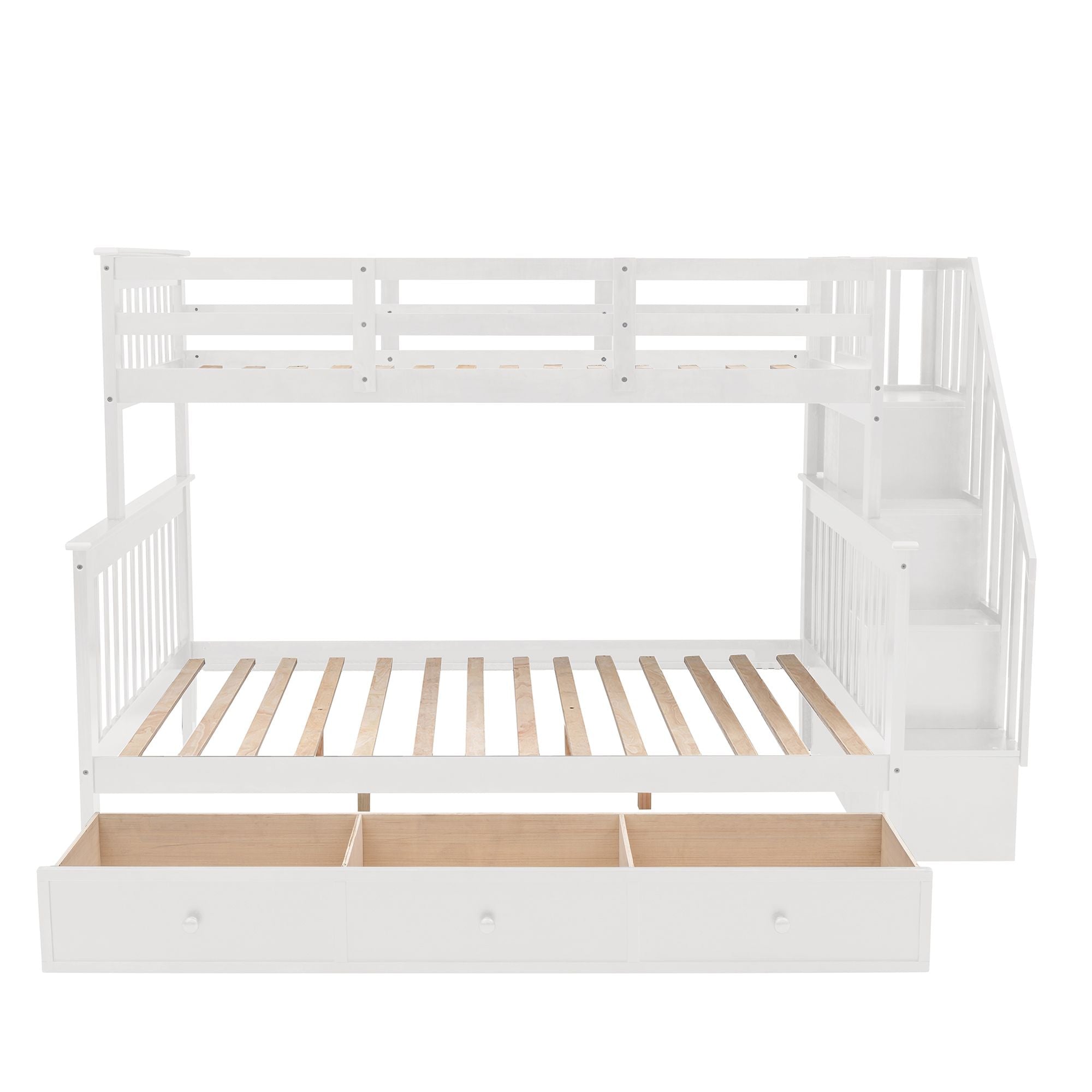 Space-Saving Twin-Over-Full Wood Bunk Bed with Stairway Storage Drawers and Guard Rails in White | Just Better Bunk Beds