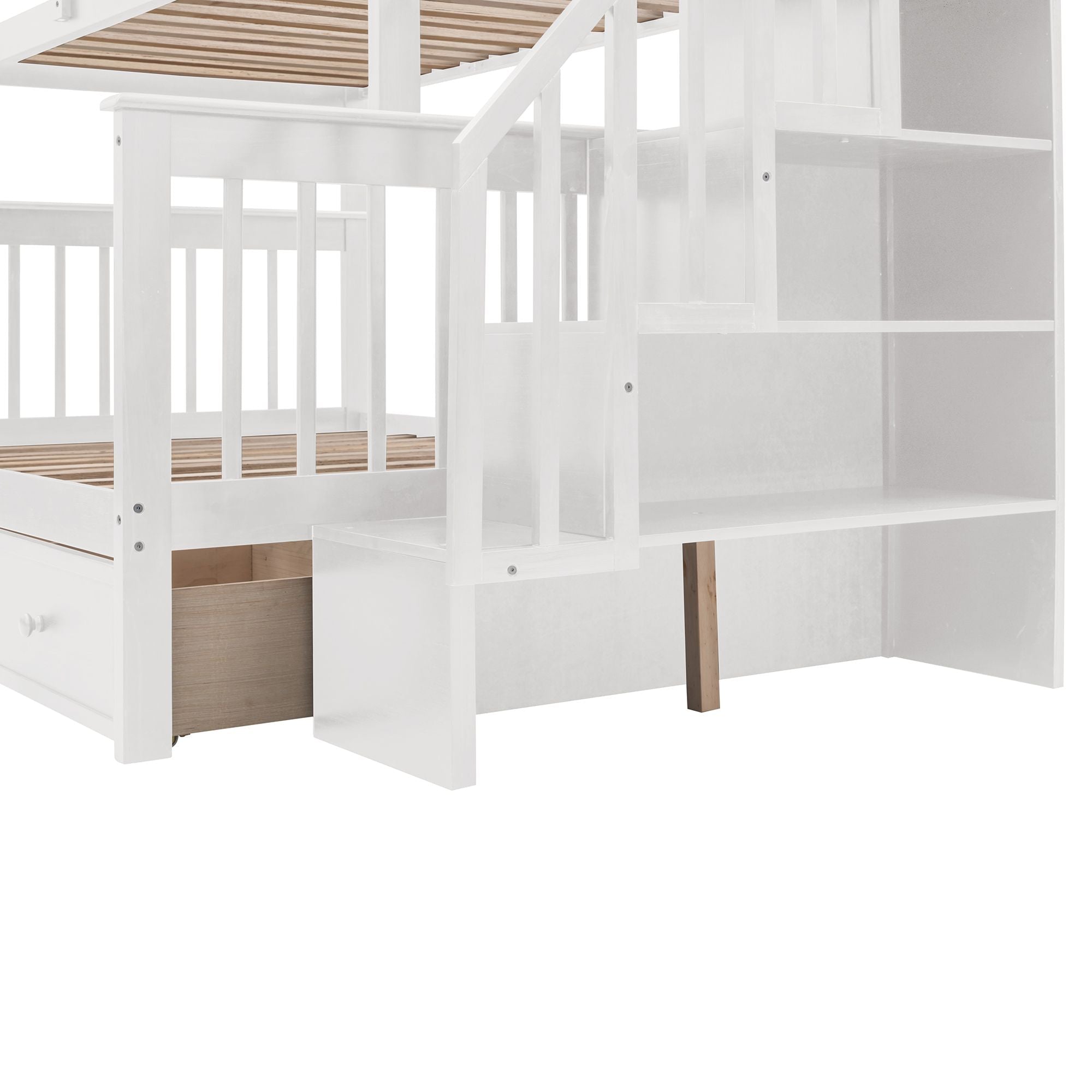 Space-Saving Twin-Over-Full Wood Bunk Bed with Stairway Storage Drawers and Guard Rails in White | Just Better Bunk Beds