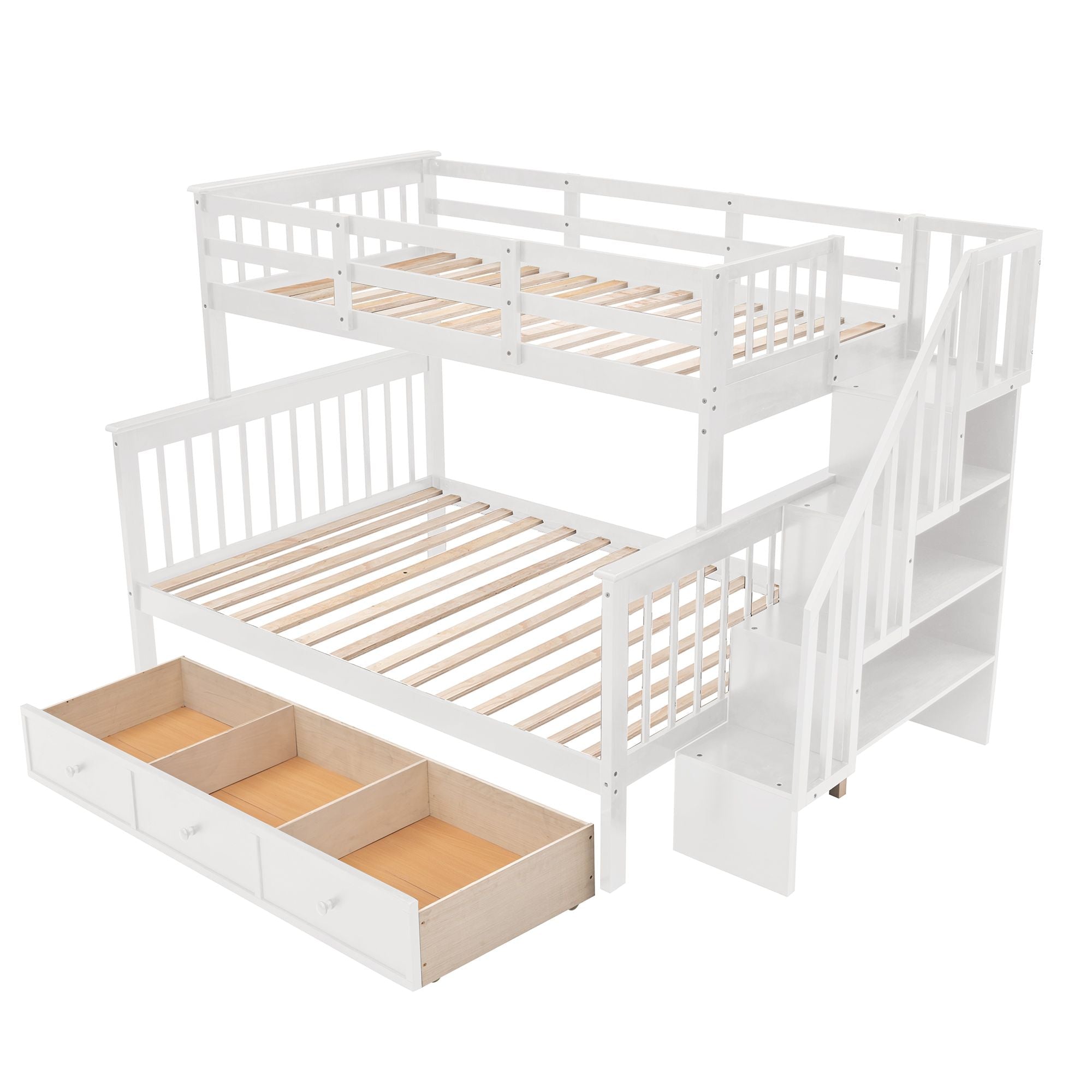 Space-Saving Twin-Over-Full Wood Bunk Bed with Stairway Storage Drawers and Guard Rails in White | Just Better Bunk Beds