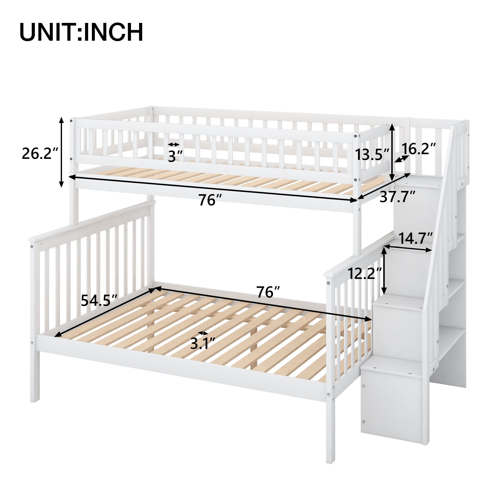 Space-Saving Twin over Full Wood Bunk Bed with Stairway Storage Drawers in Gray or White | Just Better Bunk Beds