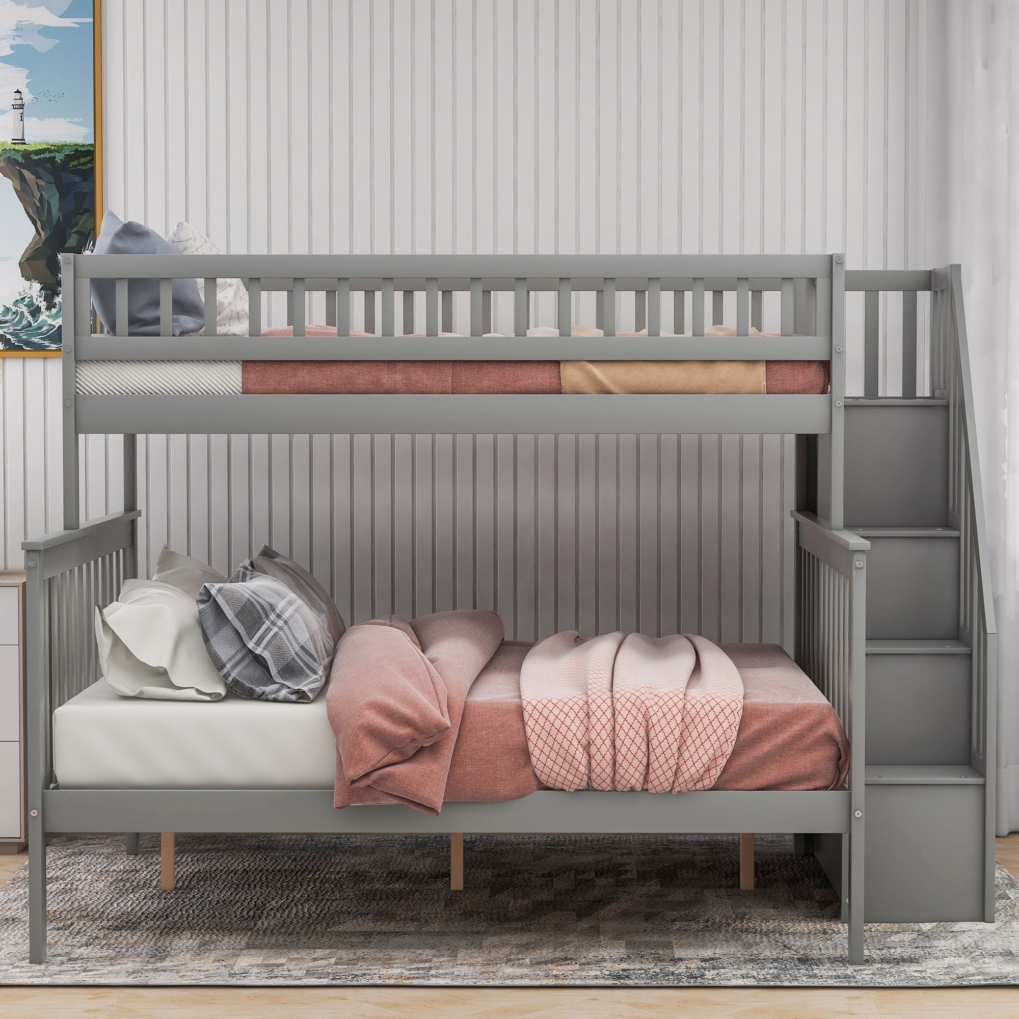 Space-Saving Twin over Full Wood Bunk Bed with Stairway Storage Drawers in Gray or White | Just Better Bunk Beds
