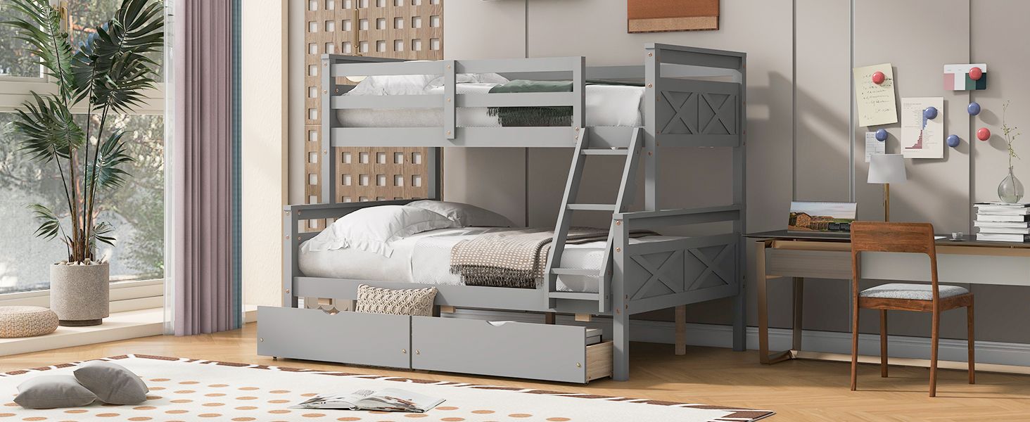 Space-Saving Twin Over Full Wood Bunk Bed with Storage Drawers, Ladder, and Guardrail in Gray | Just Better Bunk Beds