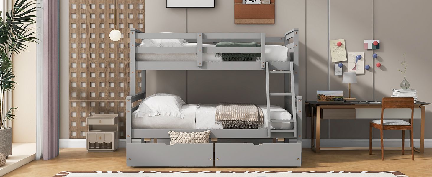 Space-Saving Twin Over Full Wood Bunk Bed with Storage Drawers, Ladder, and Guardrail in Gray | Just Better Bunk Beds